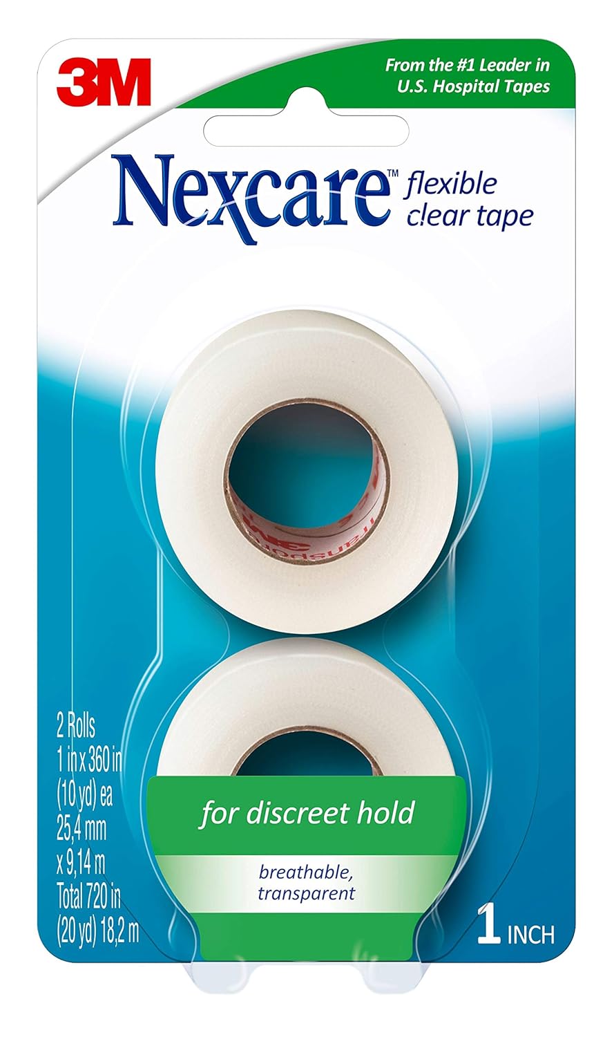 Nexcare Flexible Clear Tape, Waterproof Transparent Medical Tape, Secures Dressings and Catheter Tubing – 1 In x 10 Yds, 2 Rolls of Tape