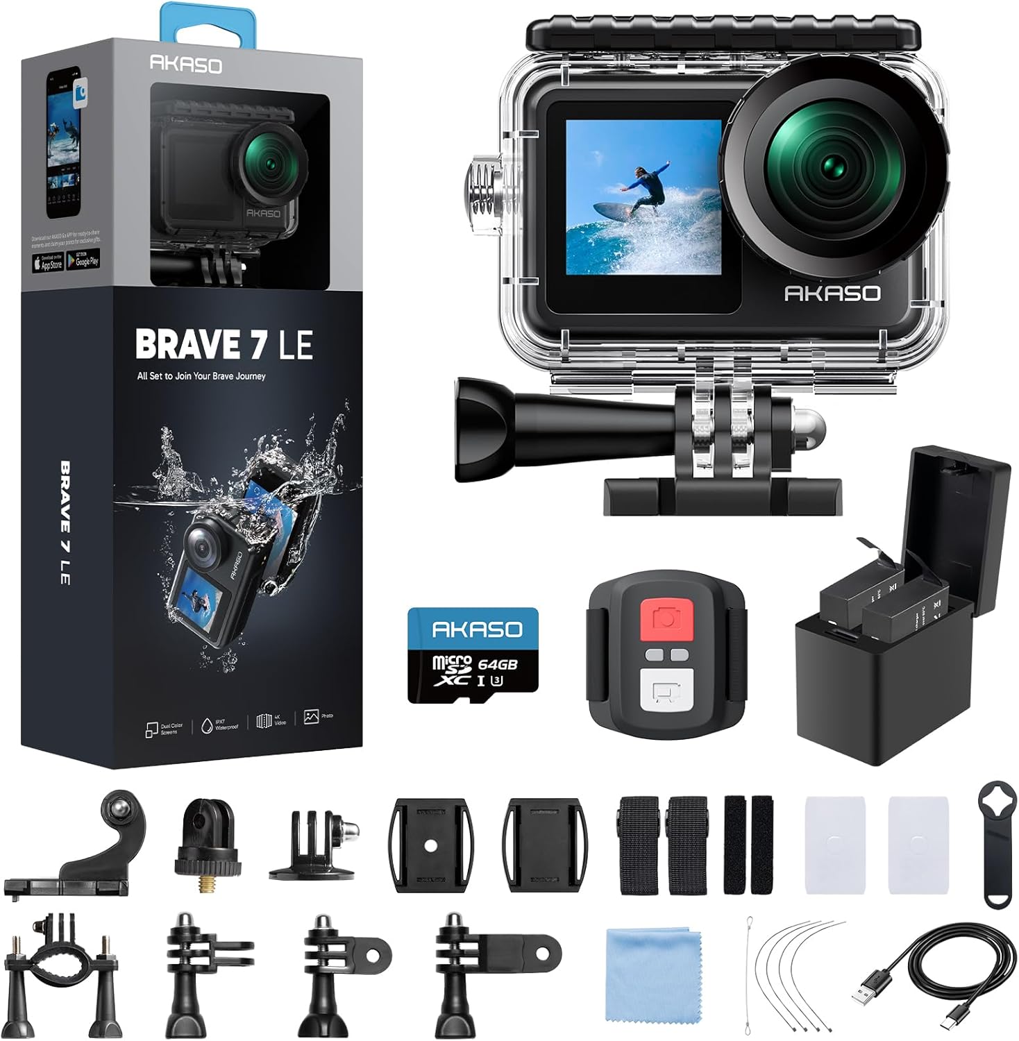 AKASO Brave 7 LE 4K30fps Action Camera with 64GB MicroSDXC U3 Memory Card Accessories Kit Bundle Ultra HD 131FT Waterproof Camera EIS 2.0 WiFi Remote Control Zoom Underwater Camera