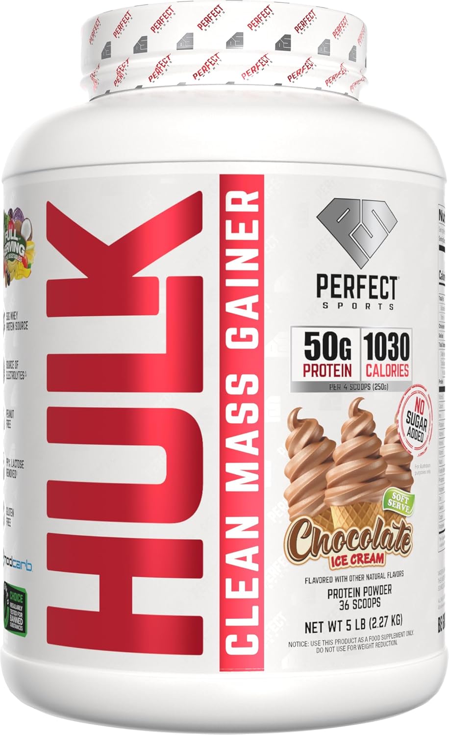 PERFECT SPORTS Clean Mass Gainer | 50g Whey Protein | Full Serving of Fruits & Veggies | 99% Removed Lactose & Gluten Free | 5 Pounds (Chocolate Ice Cream)