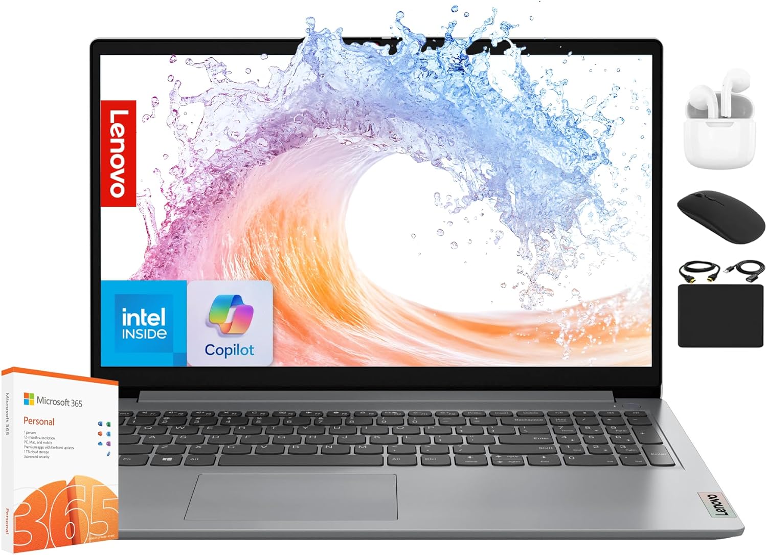Lenovo IdeaPad Laptop for Business Student 2025, 15.6″ Display, 12GB RAM +1.1GB Storage (500GB SSD +128GB eMMC +500GB Ext), Dual Intel Core Processor, WiFi 6, HubxcelAccessory, Office 365 1 Yr, Win 11