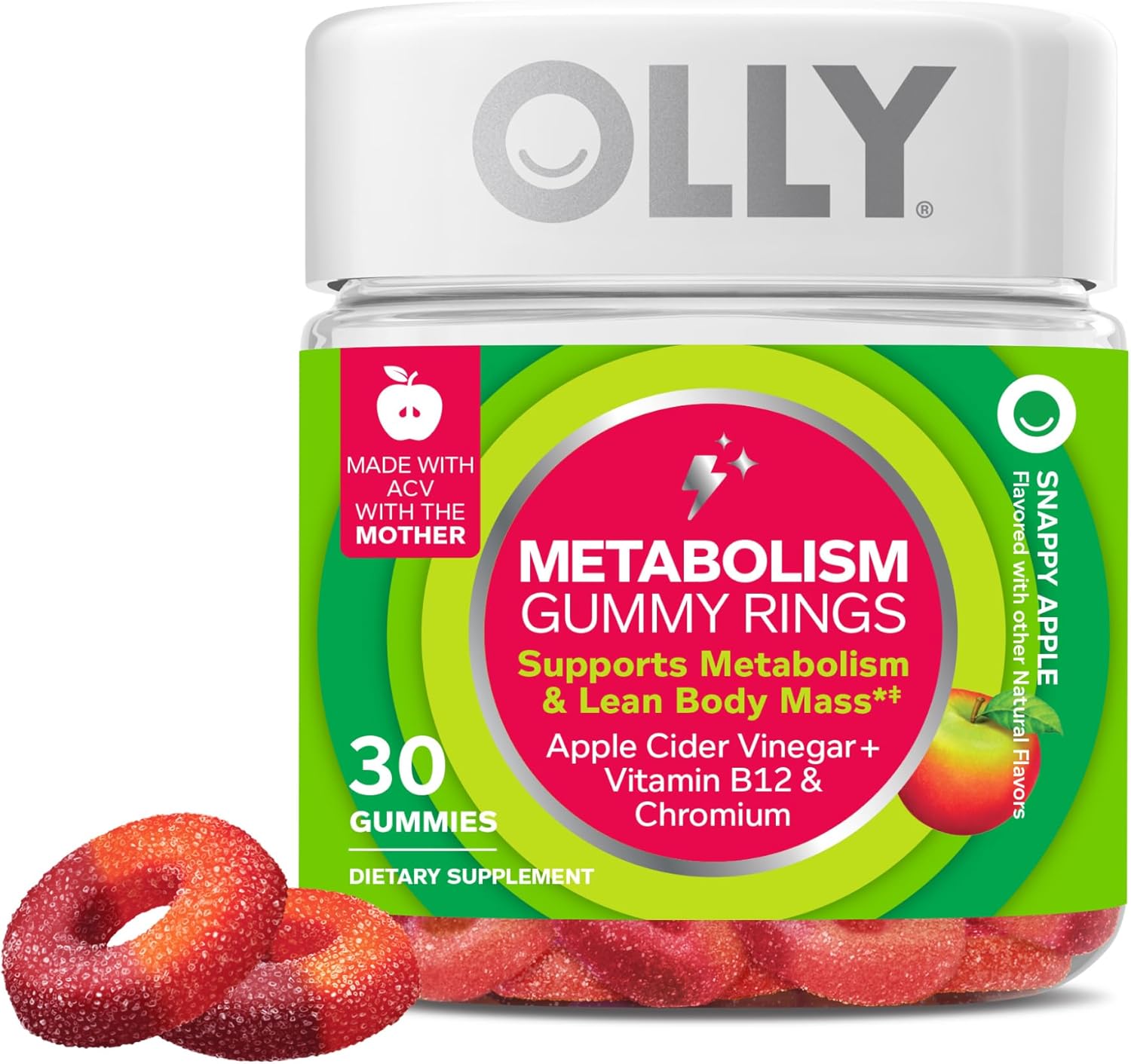 OLLY Metabolism Gummy Rings, Apple Cider Vinegar, Vitamin B12, Chromium, Energy and Digestive Health, Chewable Supplement, Apple Flavor – 30 Count