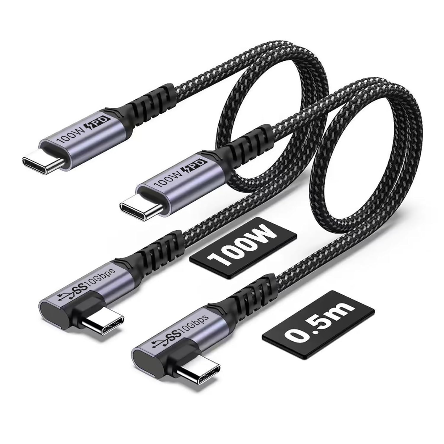 100W Short USB C Cable 3.1 Right Angle [1.5FT 2 Packs], 5A Fast Charging, 10GBbps High Speed Data E-Marker Chip Cords, 4K@60Hz Video Display