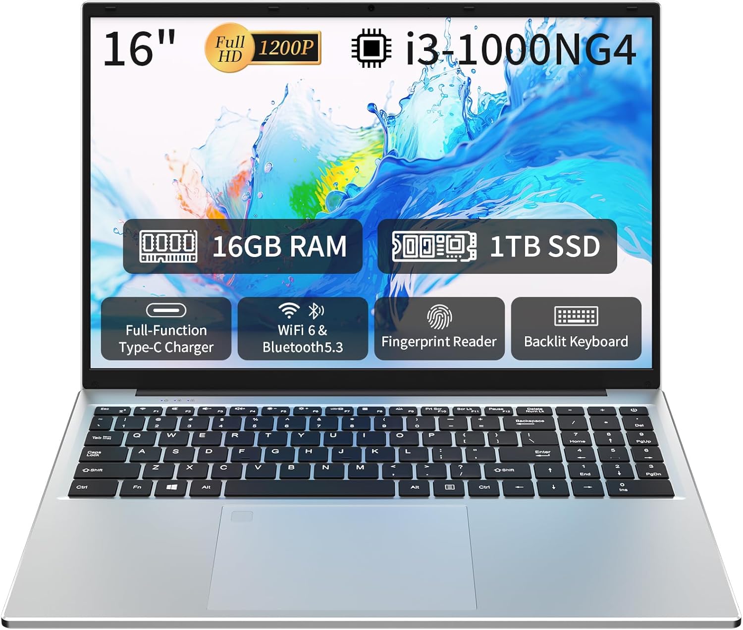 16″ Traditional Laptop Computer, i3 Processor 16GB RAM 1TB SSD Silver Laptops Notebook with Backlit Keyboard, Fingerprint, WiFi 6 Bluetooth 5.3 Laptops for Students & Office USB-C Port