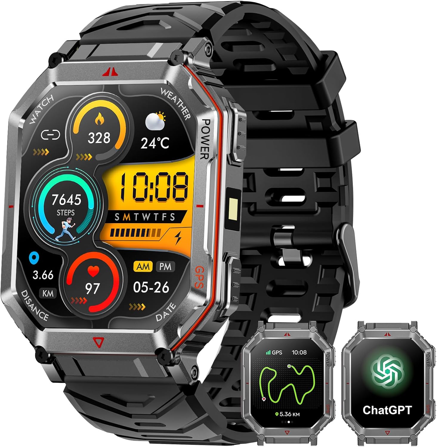GPS Military Smart Watch for Men，GPT Voice Assistant，Smartwatch with LED Flashlight，2.01″ HD Display Bluetooth Call，Fitness Tracke with Multiple Sports Modes，Compatible with Android & iOS