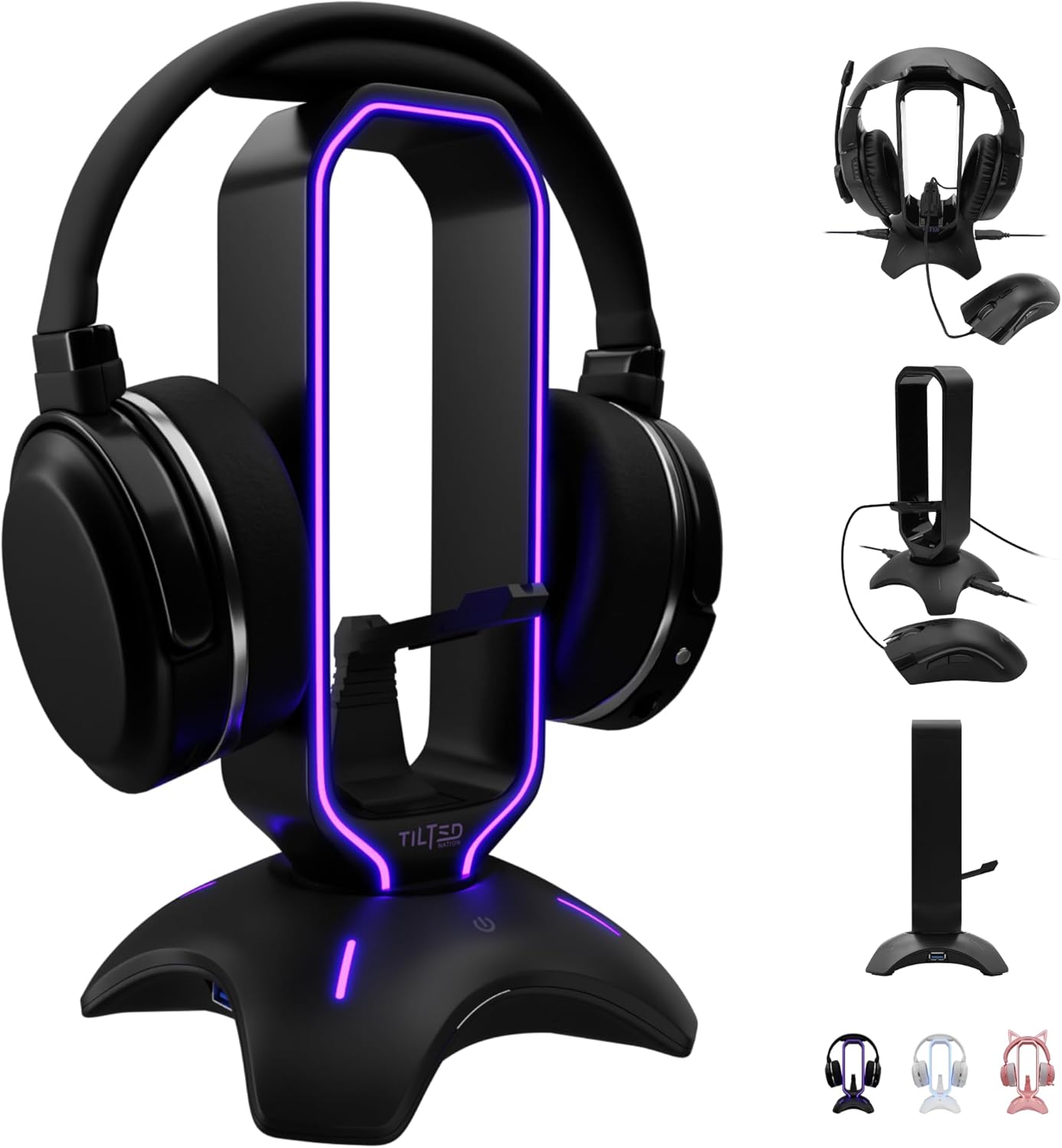 Tilted Nation Gaming Headset Stand | RGB Headphone Stand for Desk with Mouse Bungee and USB Hub (Cool and Clean Setup) Gaming Headset Holder – Perfect Gamer Gift Accessory