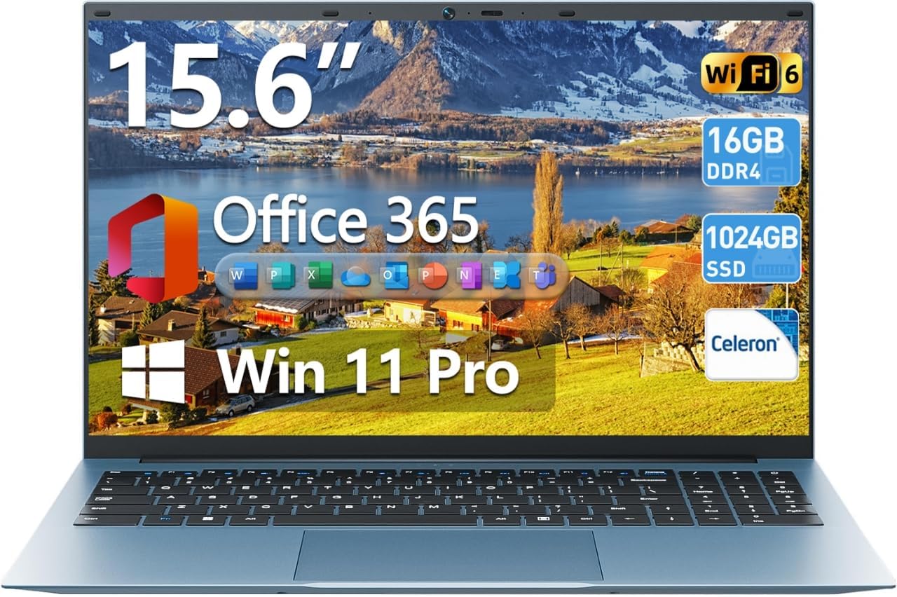Naclud 15.6 Inch Laptop Computer, Windows 11 Laptops with 16GB RAM 1024GB SSD, Celeron N5100, Office 365, IPS FHD, WiFi 6, 53.2WH Battery, 180° Viewing, HDMI, Cooling Fan, for Business and Students