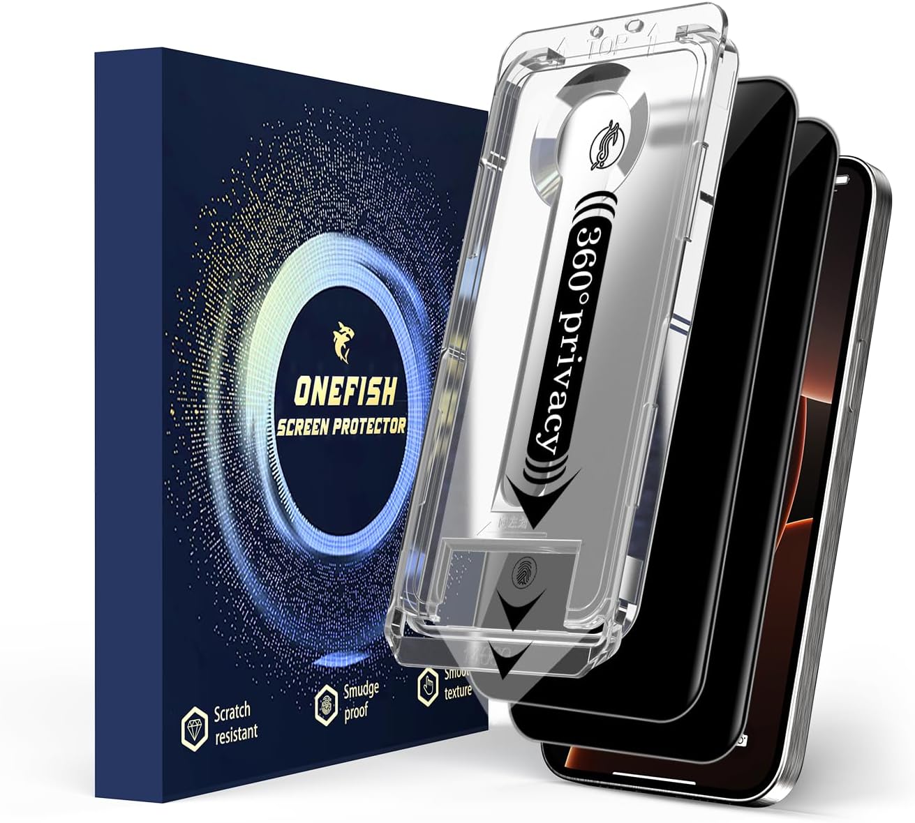 OneFish 2 Pack Privacy Screen Protector for iPhone 16/15-4-Way 360° Anti-Spy Tempered Glass, 9H Hardness, 3D Curved Edges, Case-Friendly & Easy Installation