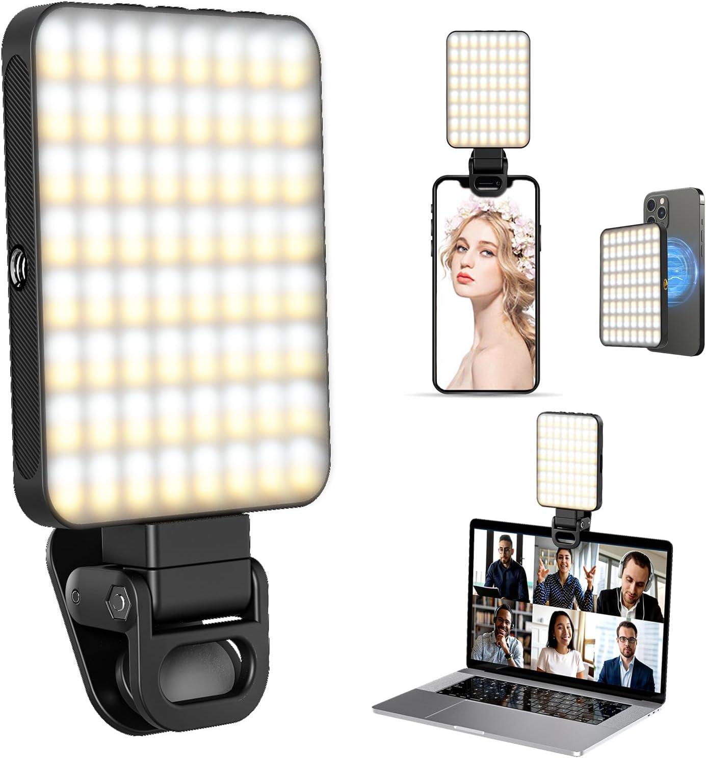 XINBAOHONG Selfie Light, Rechargeable Magnetic Clip Light for Video Conference | 128 LED Portable Light with Universal Compatibility (Phone/Android/Camera/iPad/Laptop) | Makeup, TikTok, Vlog Lighting
