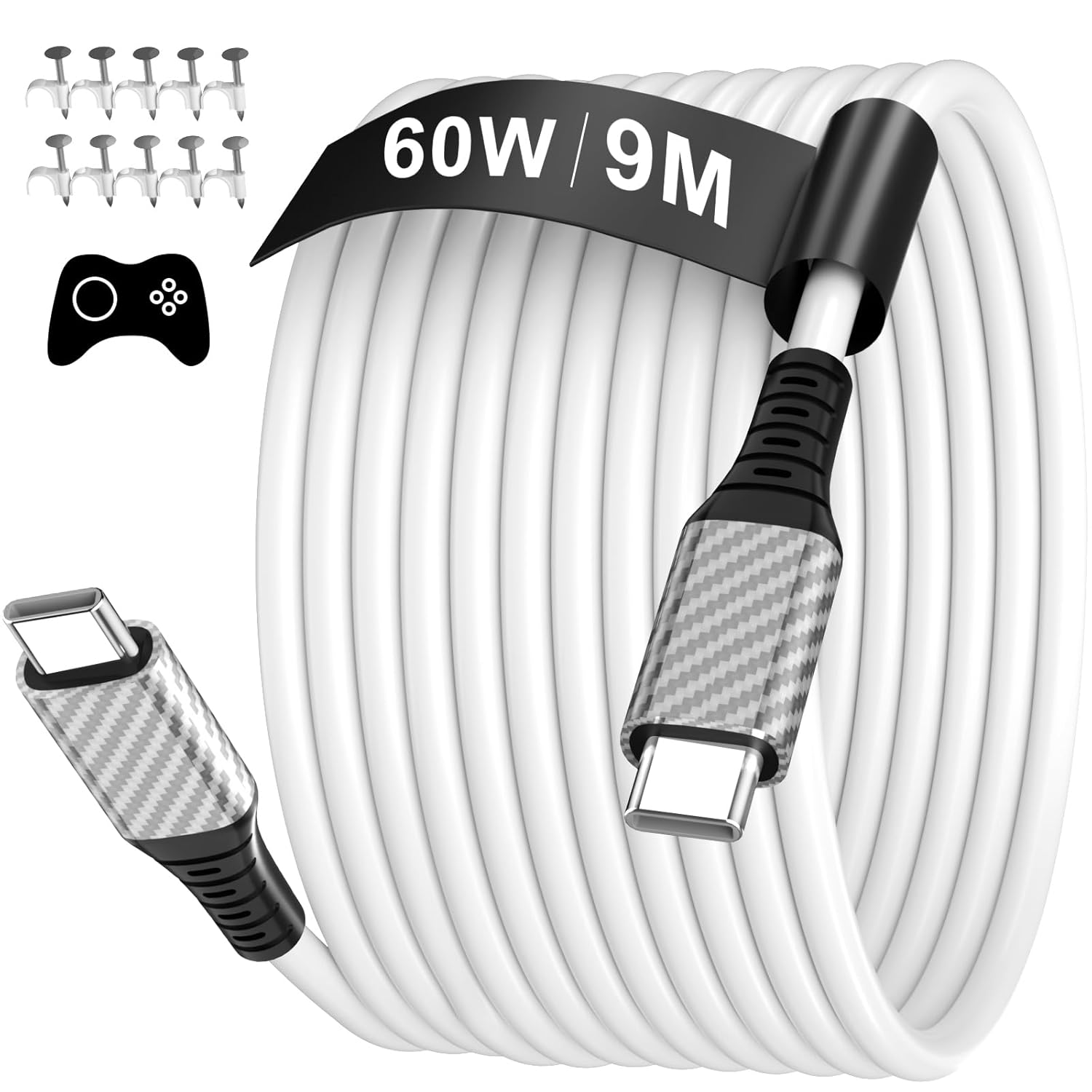 30ft USB C Cable,60W Extra Long USBC to USBC Fast Charging Cable for iPhone 17 Type C Charger Cord for iPhone 16 15 Pro Max/MacBook Pro Air iPad/Samsung S25 S24 Ultra S23 Security Cameras/Switch,White