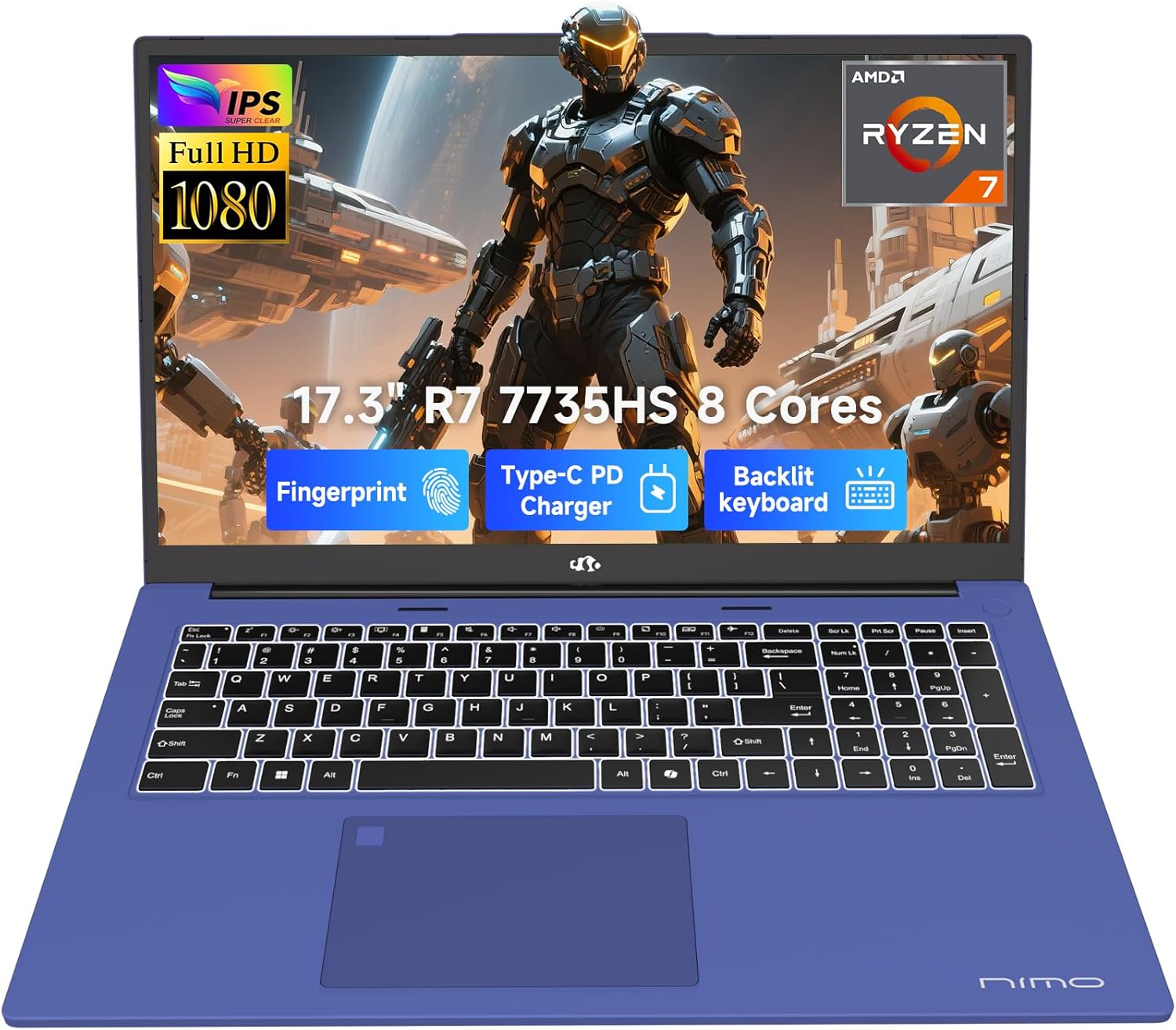 NIMO 17.3″ Gaming-Laptop, AMD Ryzen 7 7735HS (8C/16T, Beats i7-12650H) 16GB DDR5 RAM 512GB SSD Computer with Radeon 680M, 100W Type-C, WiFi-6E, 58Wh Battery, Fingerprint, Backlit Keyboard for Business