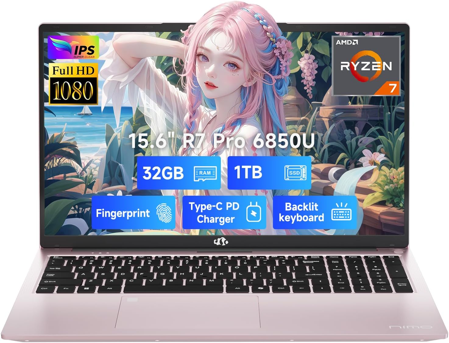 NIMO 15.6″ FHD Light-Gaming-Laptop, 8 Cores AMD Ryzen 7 Pro 6850U 32GB LPDDR5 RAM 1TB SSD (Beat i7-1360P Up to 4.7GHz) GPU AMD Radeon 680M IPS Computer with 100W Type-C Backlit Keyboard Fingerprint