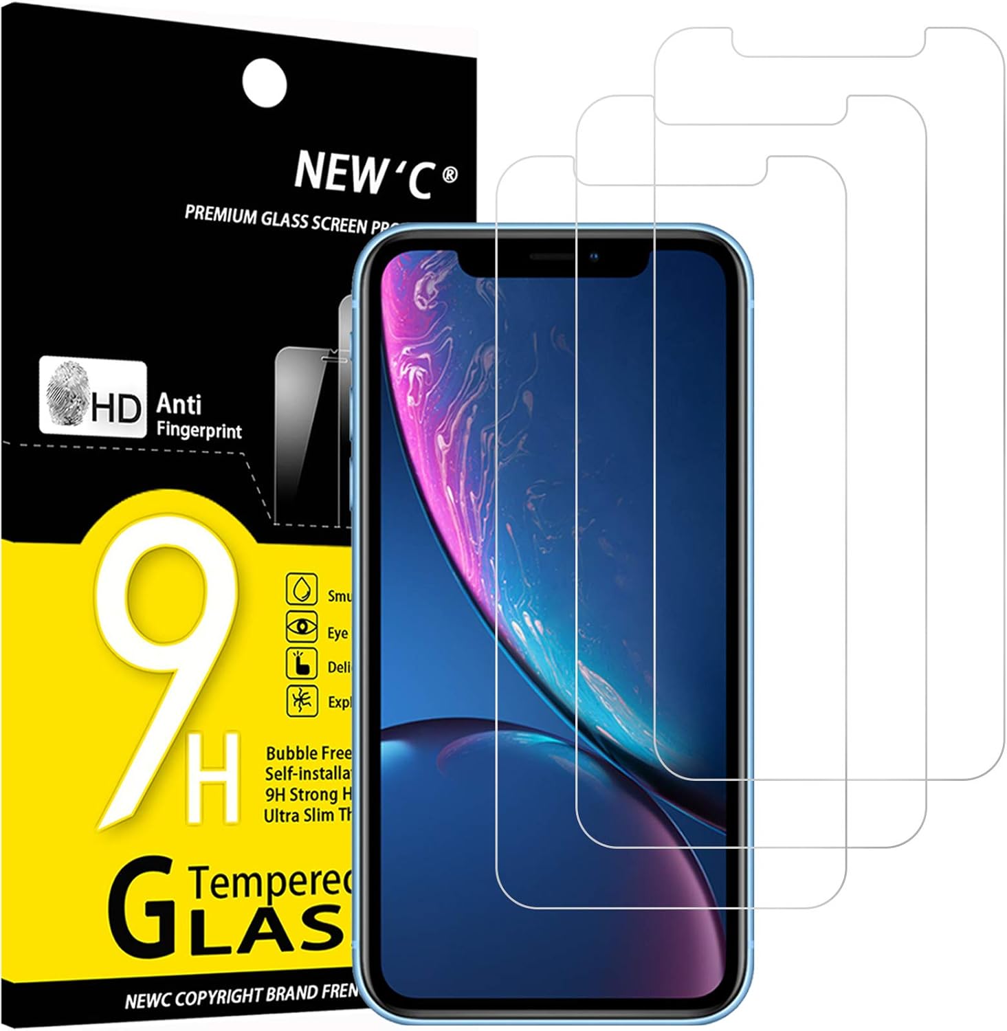NEW’C 3 Pack Designed for iPhone 11 and iPhone XR Screen Protector (6.1″), Enhanced Tempered Glass Protection, Case Friendly Anti Scratch Bubble Free Ultra Resistant