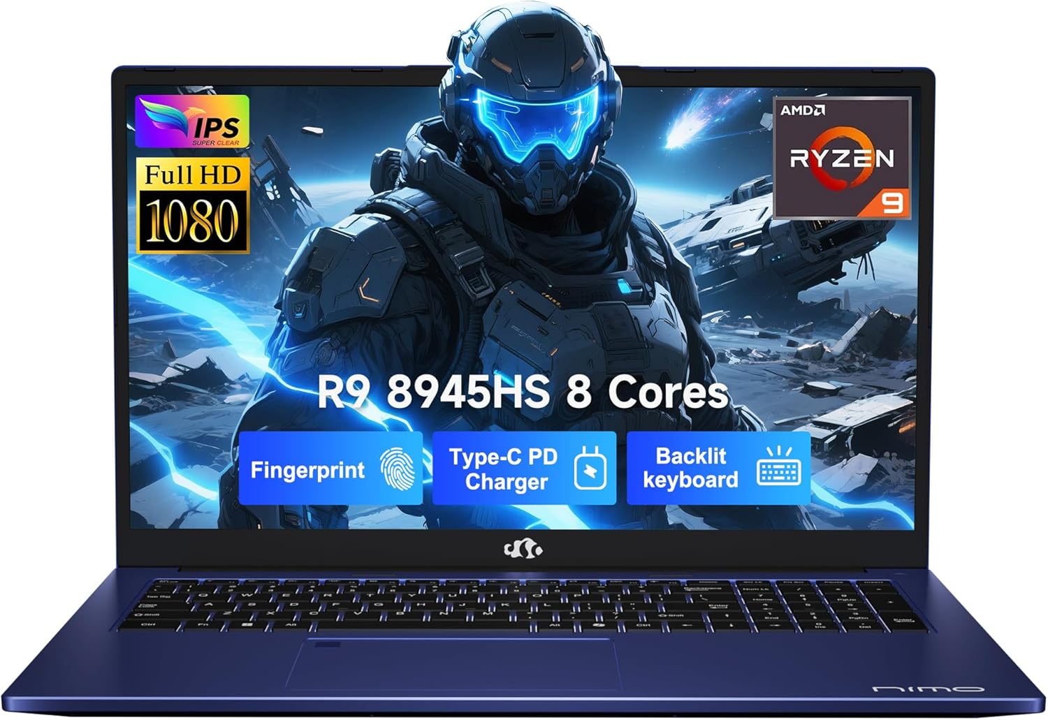 NIMO 17.3 Gaming-Laptop Ryzen 9 8945HS (Beat i9-13900H, Up to 5.2GHz) 32GB RAM, 1TB SSD, Radeon 780M, PD 100W Type-C AI-Enhanced for Copilot VR Ready, Backlit Keyboard, Fingerprint