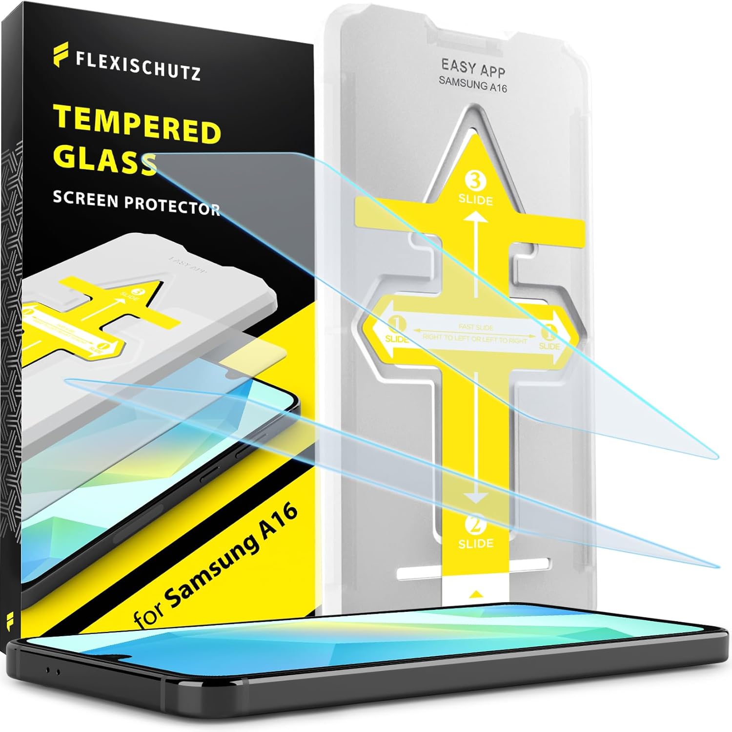FlexiSchutz® for Samsung Galaxy A16 5G/4G Screen Protector with Installation Tool, Tempered Glass for Samsung A16 5g Screen Protector, HD Clarity, Buble Free, Anti Scratch [2 Pack]