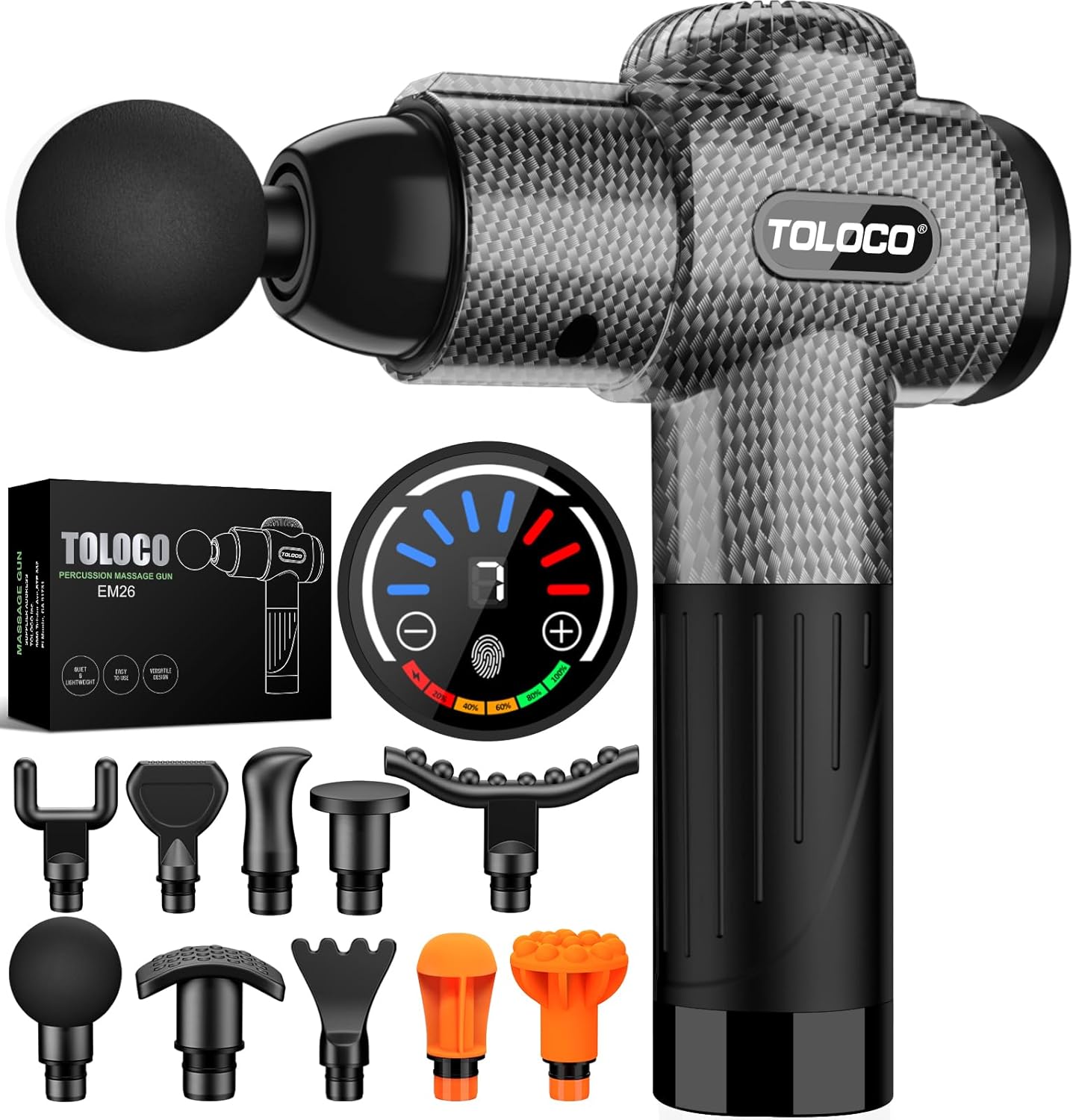 TOLOCO Massage Gun, Deep Tissue Back Massage for Athletes for Pain Relief, Percussion Massager with 10 Massages Heads & Silent Brushless Motor, Christmas Gifts for Women, Men, Carbon