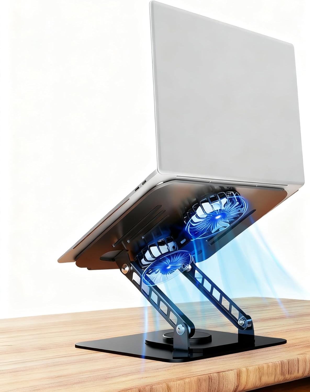 Selbst Laptop Stand for Desk with Quiet Cooling Fans – 360 Rotating Base Ergonomic Computer Stand, Aluminum Laptop Riser Foldable Protable for Office Home fits MacBook Air Pro, Dell, HP (10-17.3”)