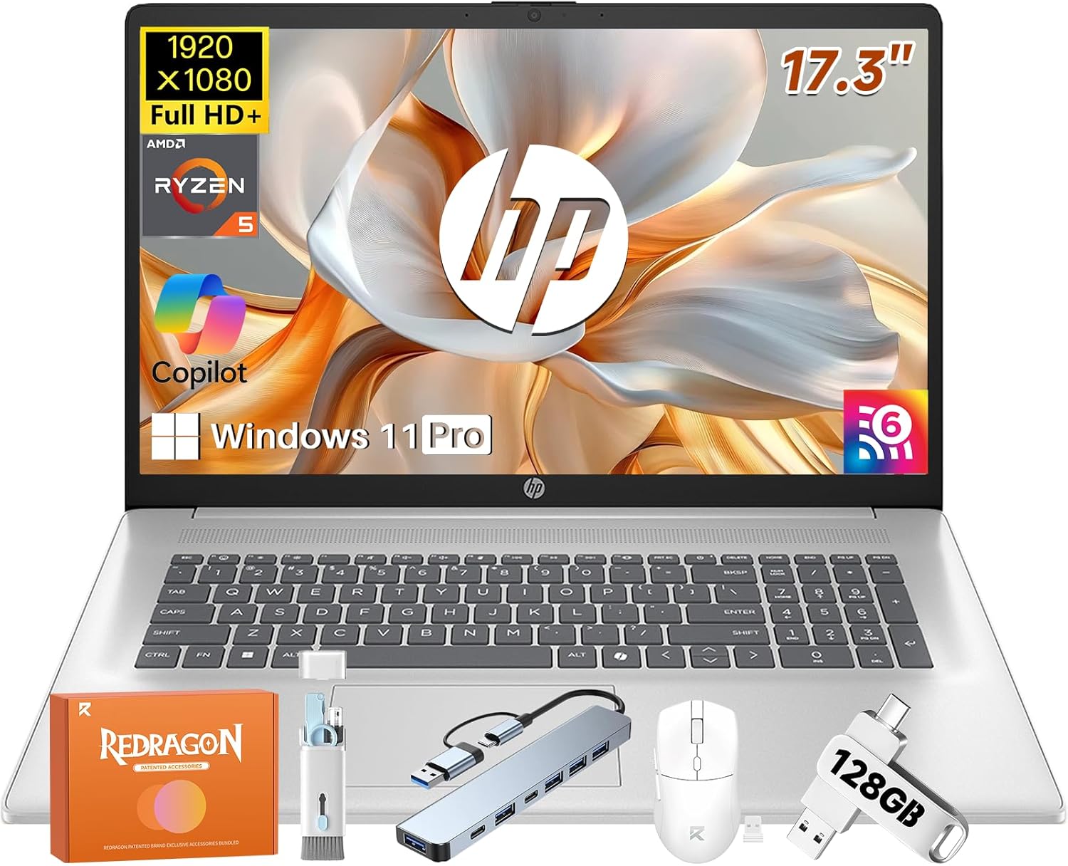 HP 2025 17 inch Laptop for Business Student, AMD Ryzen 5 7430U, 17.3″ FHD IPS Anti-Glare Display, 16 GB RAM, 1 TB SSD, AMD Radeon GPU, Copilot Key, Windows 11 Pro, Wi-Fi 6, Long Battery Life