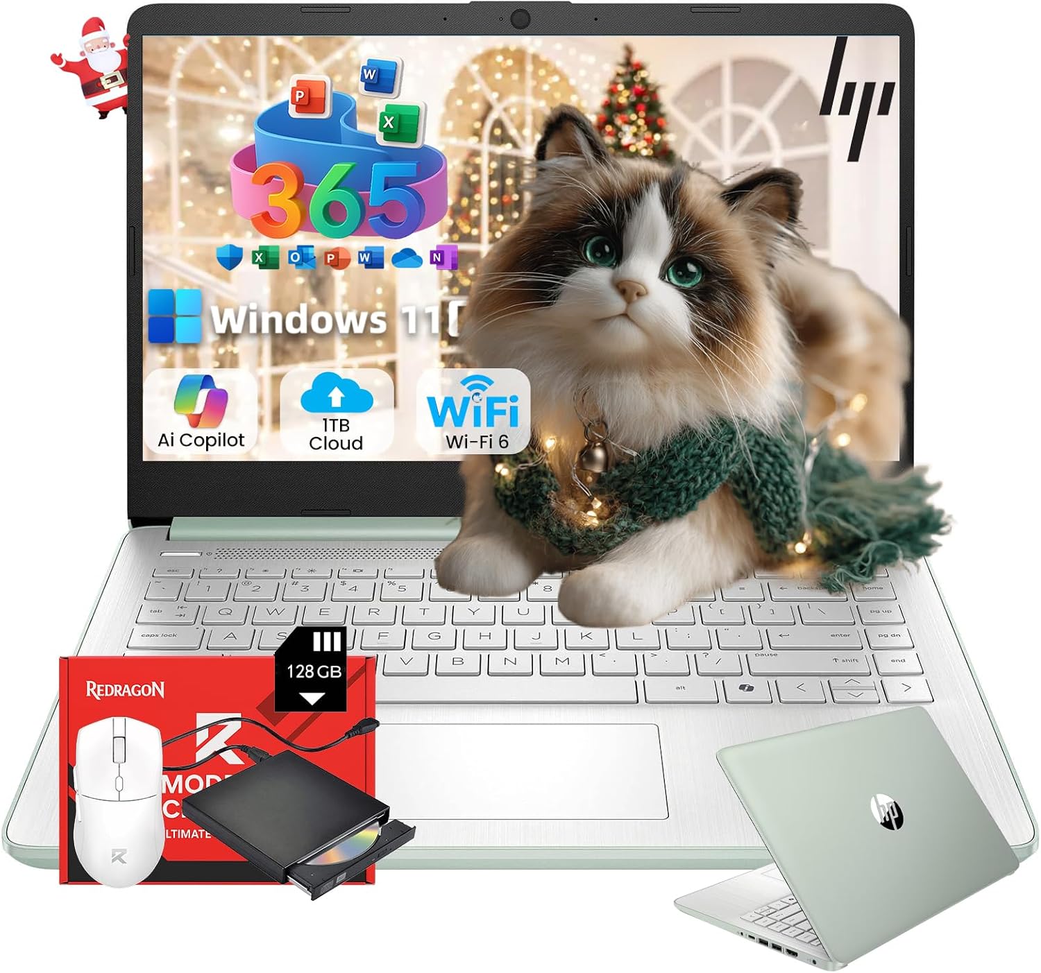 HP 14″ Laptop 2025 Business Student Slim Computer, 1-Y Office 365, Copilot AI, Quad-Core Intel CPU, 16 GB RAM, 128GB UFS & 128GB SD Card, Wi-Fi 6, Windows 11 Pro, JQ2XzAccessory, Green