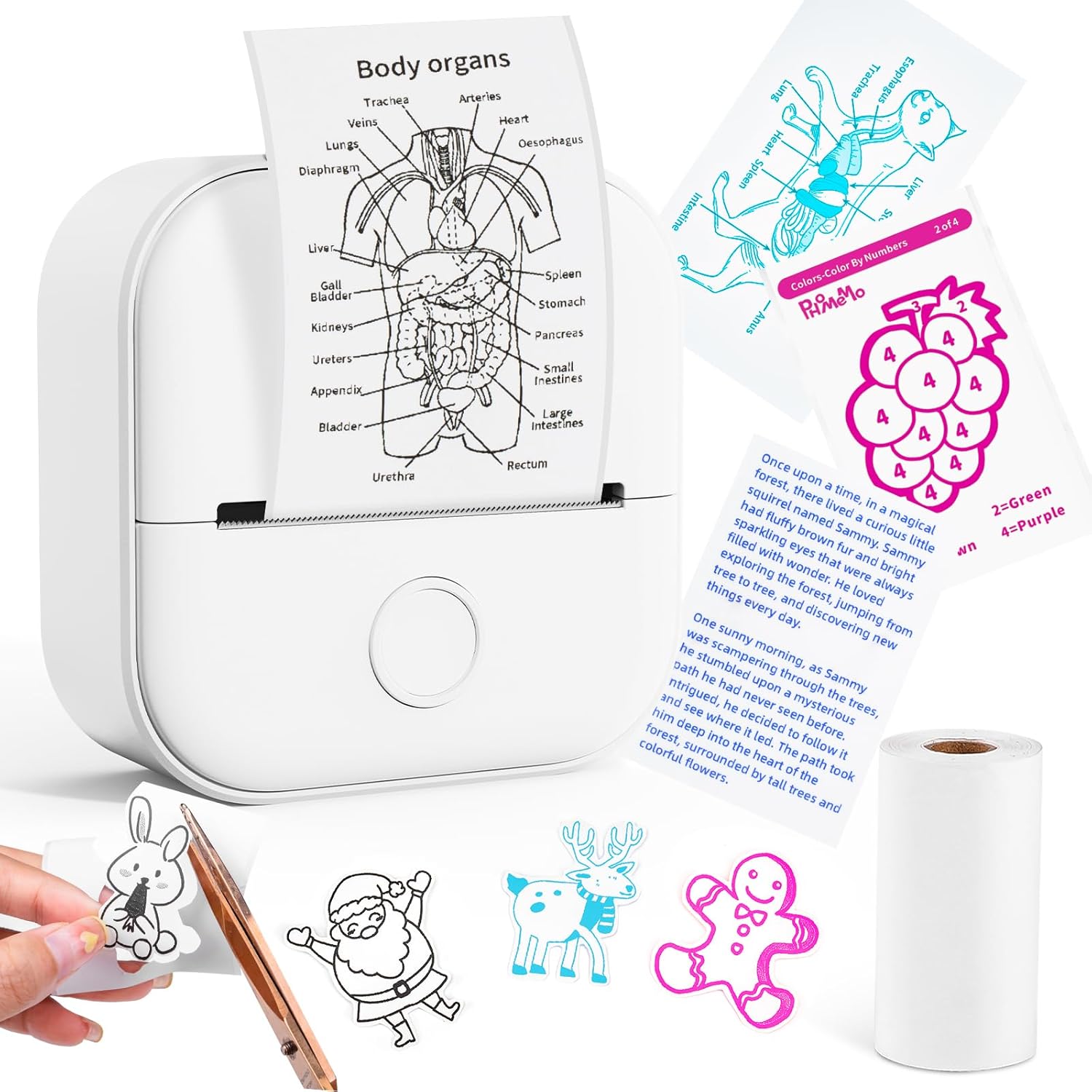 Memoking Mini Portable Printer – T02 Inkless Pocket Thermal Sticker Maker Mini Sticker Printer Mobile Label Maker for Student, Gift, White (Bunny Case Not Included)