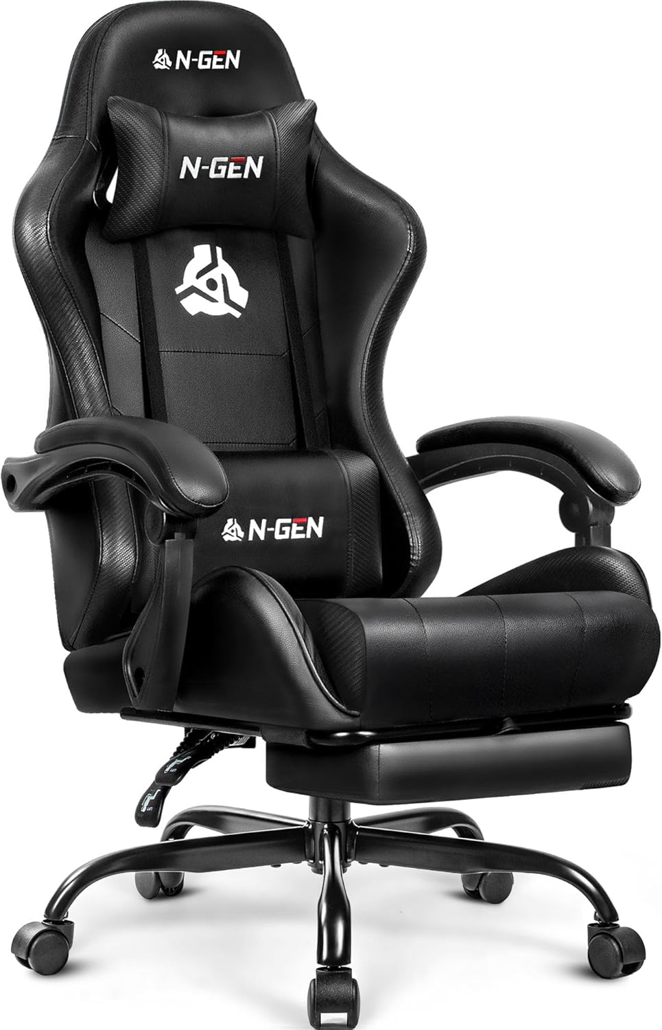 N-GEN GAMING Video Gaming Chair with Footrest Lumbar Support for Home Office High Back Recliner Height Adjustable Ergonomic Comfy Leather Computer Desk Chair (Black)