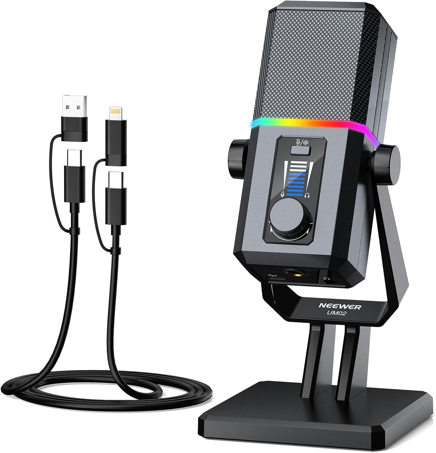NEEWER UM02 RGB USB Microphone for Gaming Streaming Podcast, Cardioid Condenser Noise Cancellation Desk Mic for Headphone Monitoring Compatible with iPhone iPad Mac PC Android PS5/PS4 Pro/PS4
