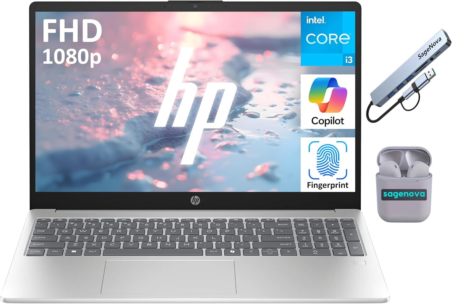 HP Laptop, 15.6″ FHD IPS Laptop Computer, Intel Core i3-N305, 12GB RAM 1TB Storage (512GB SSD+512GB Docking Station Set), Copilot AI, Fingerprint Reader, Windows 11, SageNova Earphones, Silver