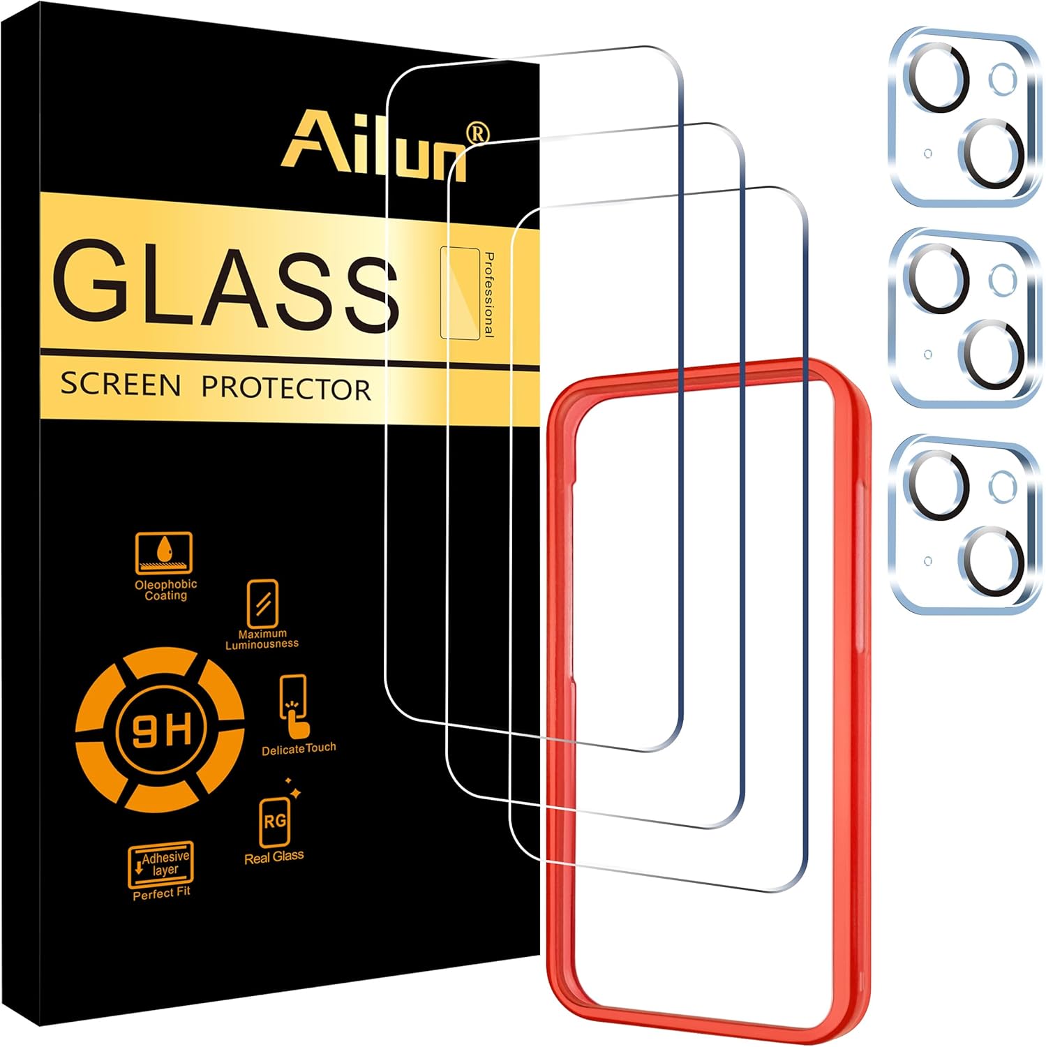 Ailun 3 Pack Screen Protector for iPhone 15 [6.1 inch] + 3 Pack Camera Lens Protector with Installation Frame,Case Friendly Tempered Glass Film,[9H Hardness] – HD