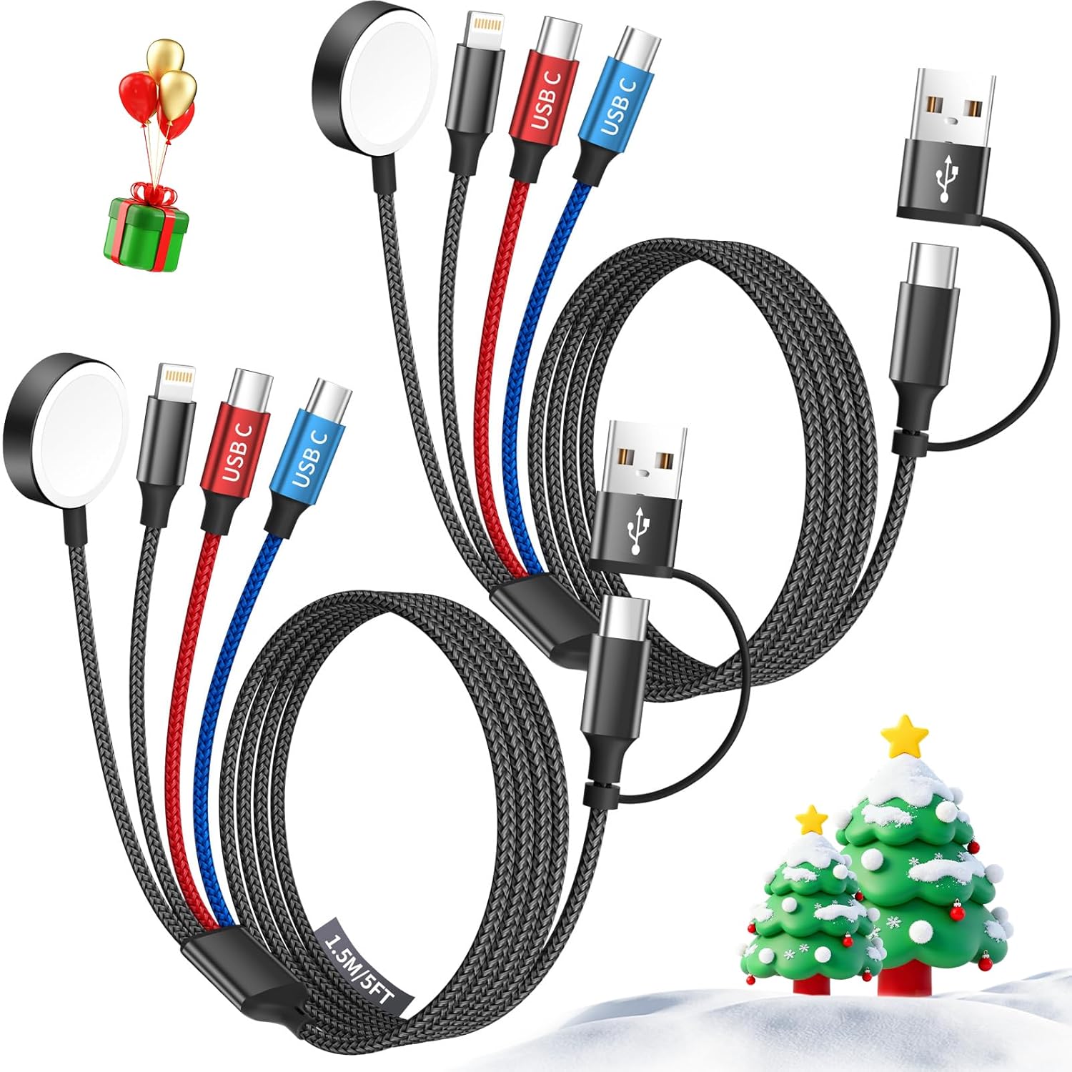 Dual Type-C 4 in 2 Multi Charging Cable for Apple iWatch Charger/iPhone 17/Lightning, Travel Charger for Multiple Devices, Stocking Stuffers for iWatch Ultra/SE/10-1, iPhone16-8, iPad – 2Packs 5FT