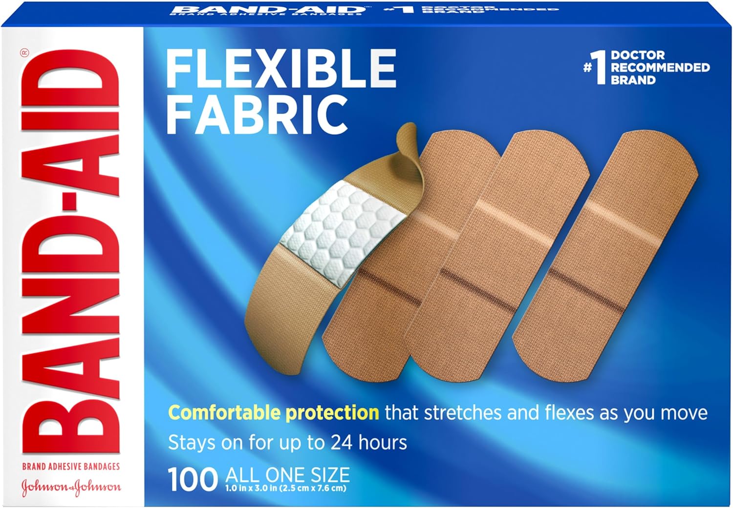 Band-Aid Brand Flexible Fabric Sterile Adhesive Bandages, Comfortable Cushioned Wound Care & Protection for Minor Cuts, Scrapes & Burns, First Aid, Hurt-Free Comfort Pad, One Size 1×3 In, 100 Count