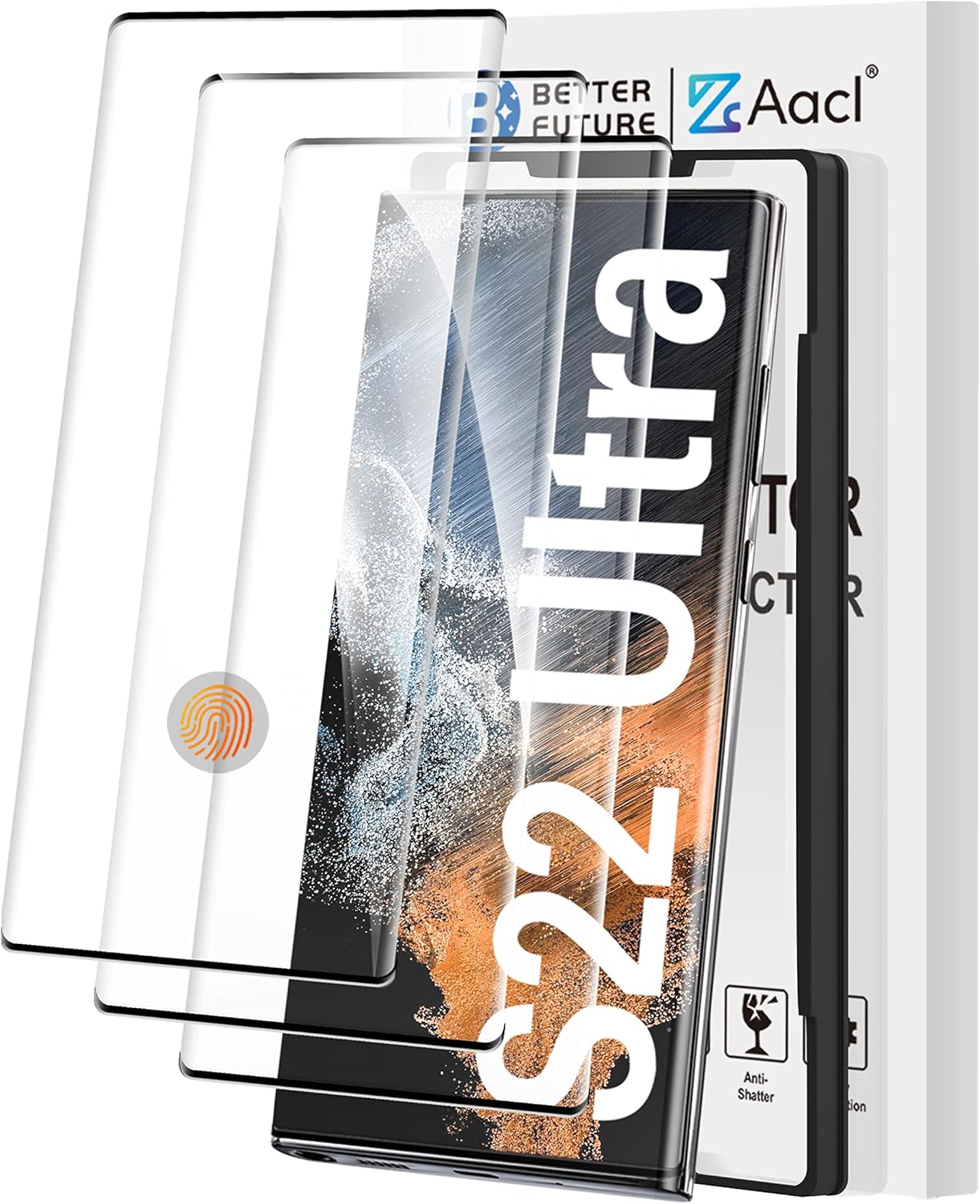 AACL [Fingerprint Compatible][3-Pack] 3D Curved Tempered Glass for Samsung Galaxy S22 Ultra 5G Screen Protector, [Easy Installation with Alignment][Anti-Scratch][Case Friendly]