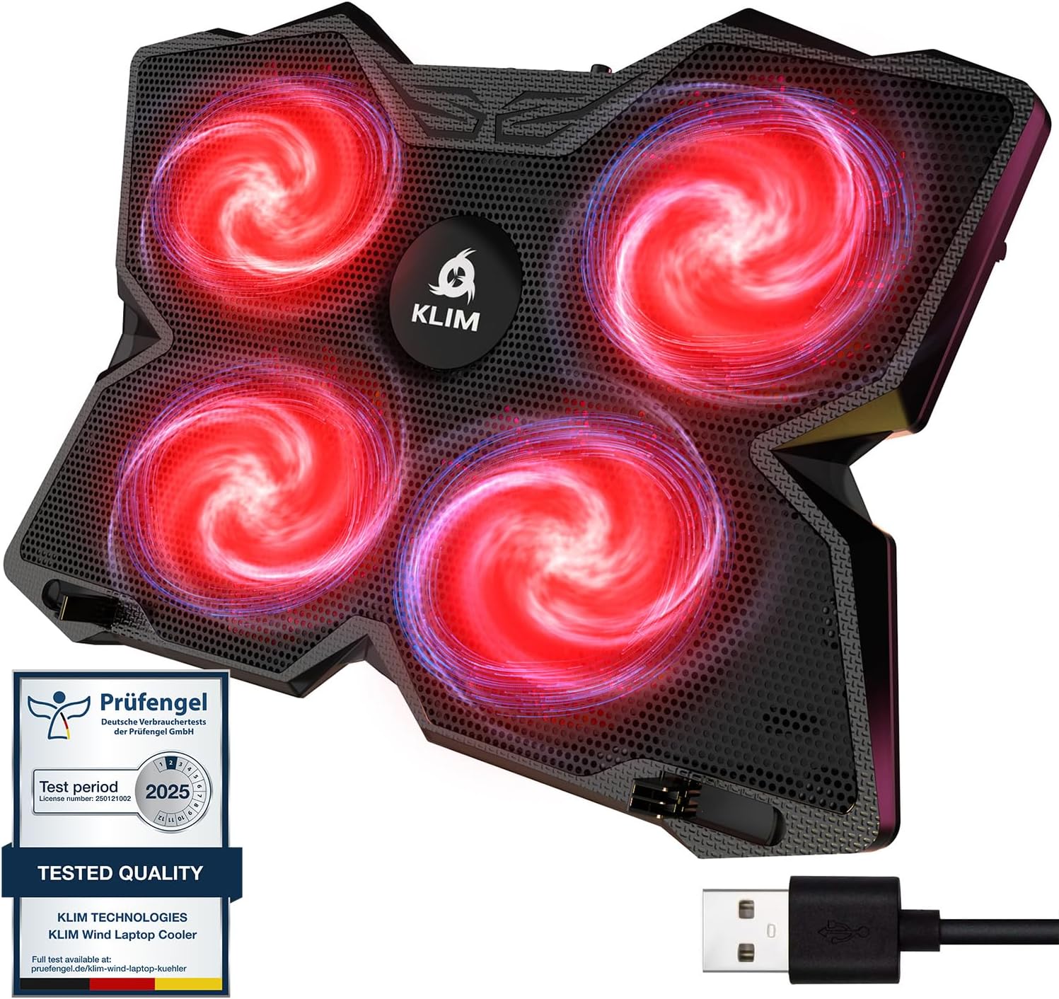 KLIM Wind Laptop Cooling Pad – More Than 500 000 Units Sold – New – The Most Powerful Rapid Action Cooling Fan – Laptop Stand with 4 Fans at 1200 RPM – USB – PS5 PS4 – Red