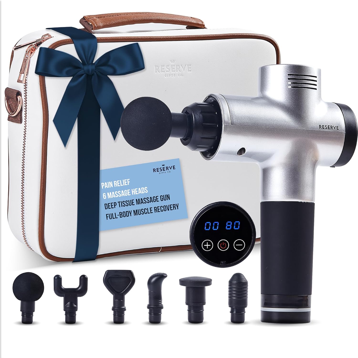 Massage Gun Gift with Carrying Case – Deep Tissue Back Massager for Pain Relief with 6 Percussion Relaxation Heads – Silent Brushless Motor, Gift for Wife, Mother (White/Pearl)