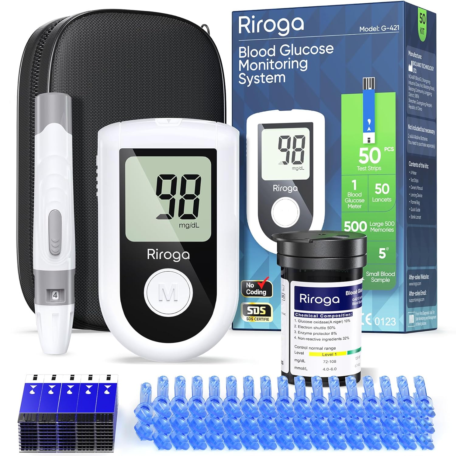 Riroga Blood Glucose Monitor Kit with 50 Glucometer Strips, 50 Lancets, 1 Blood Sugar Monitor,Blood Sugar Test Kit for Home Use,Travel Case for Blood Glucose Monitor Kit,Lancing Device, No Coding