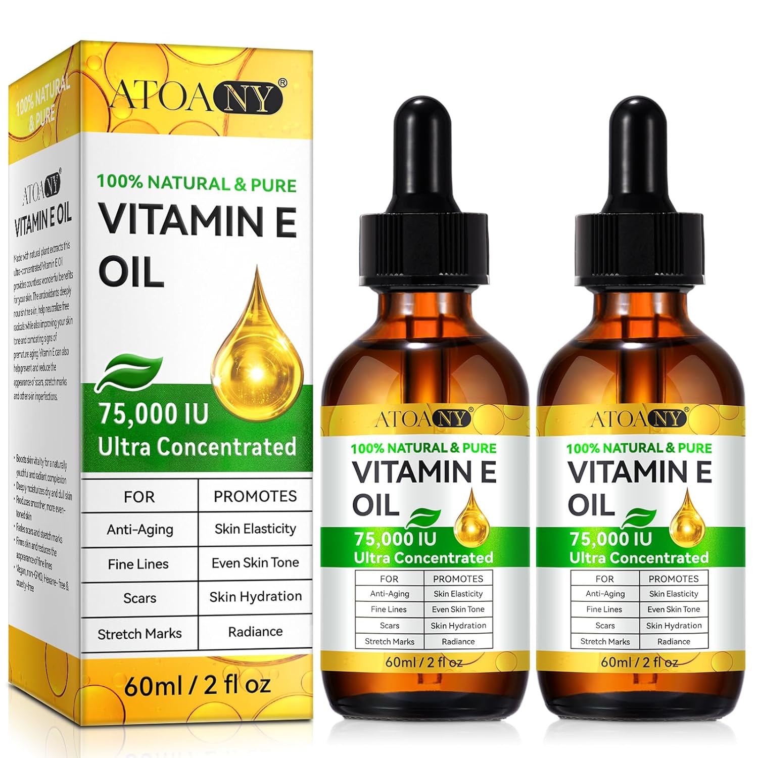 2PACK Vitamin E Oil for Face,100% Pure Vitamin E Oil,Organic Pure Vitamins E Oils,75,000 IU for Plump Skin,Body – Natural Antioxidant for Dryness, Wrinkles, Scars & Stretch Marks