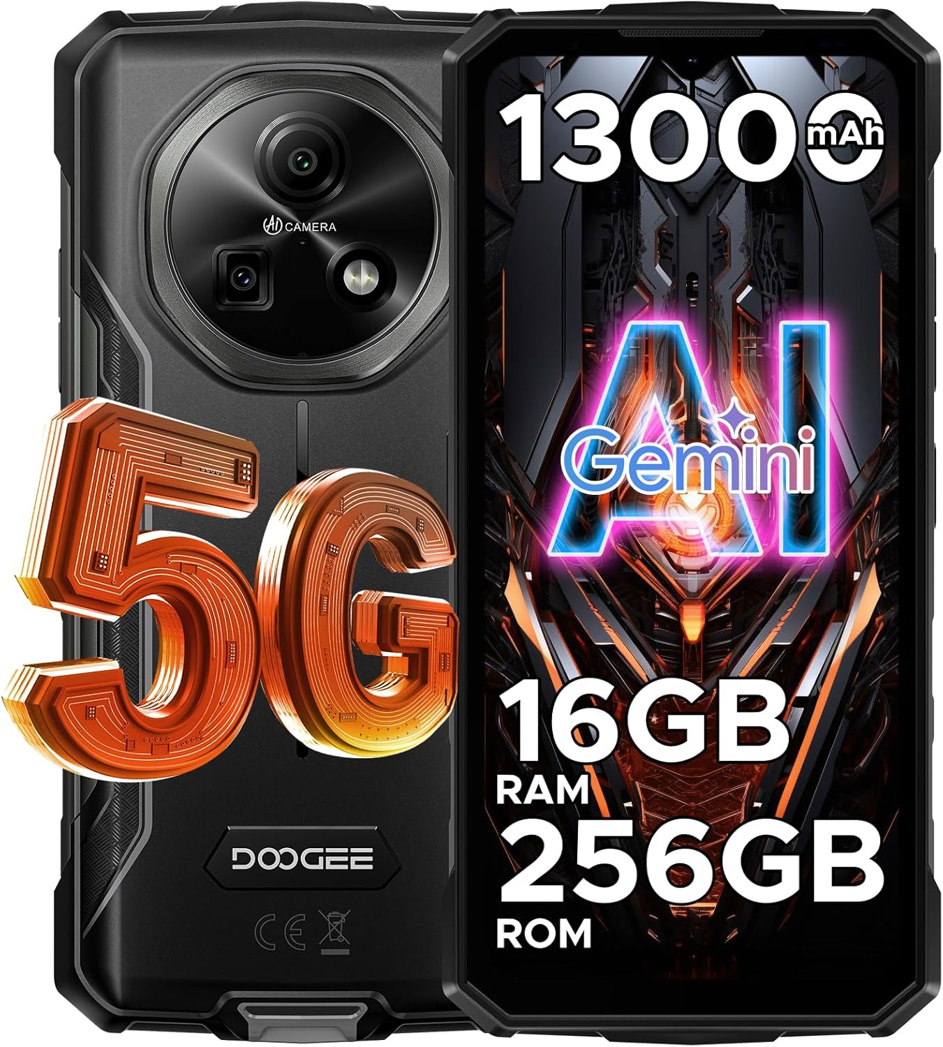 DOOGEE Fire 7(2025) AI 5G Rugged Phone,13000mAh/18W,Android 15 Rugged Smartphone,16GB+256GB/TF 2TB,6.6″ HD+ 90Hz Dimensity 6300 Gaming Phones,64MP+16MP,IP68/IP69K Waterproof,NFC/OTG/Face ID