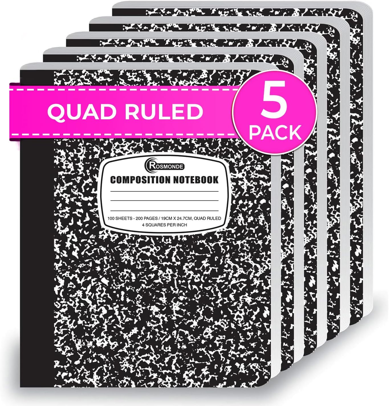 Rosmonde Graph Paper Composition Notebook, 5 Pack, 200 Pages (100 Sheets), Quad Ruled Composition Notebook, Graph Notebooks, 4×4 Grid Composition Notebook, Black Marble, Sewn Hard Cover, 9-3/4 x 7-1/2