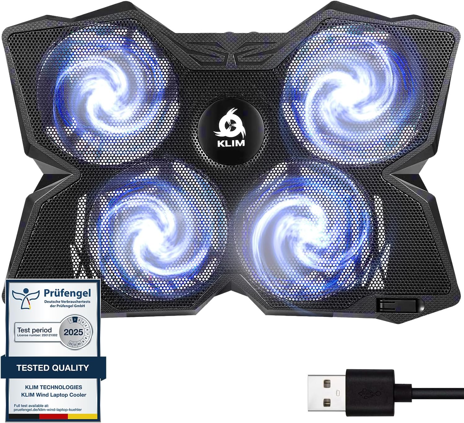 KLIM Wind Laptop Cooling Pad – More Than 500 000 Units Sold – New Version – The Most Powerful Rapid Action Cooling Fan – Laptop Stand with 4 Cooling Fans at 1200 RPM – USB Fan – PS5 PS4 – White