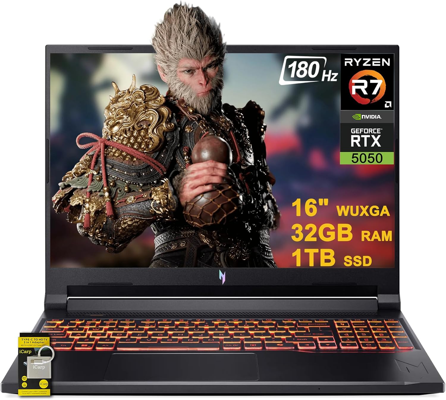 acer Nitro V 16 AI Gaming Laptop 16″ WUXGA IPS 180Hz AMD Zen 4 Octa-Core Ryzen 7 260 32GB RAM 1TB SSD GeForce RTX 5050 (Up to 421 AI Tops) Backlit Win11 w/ICP Hub