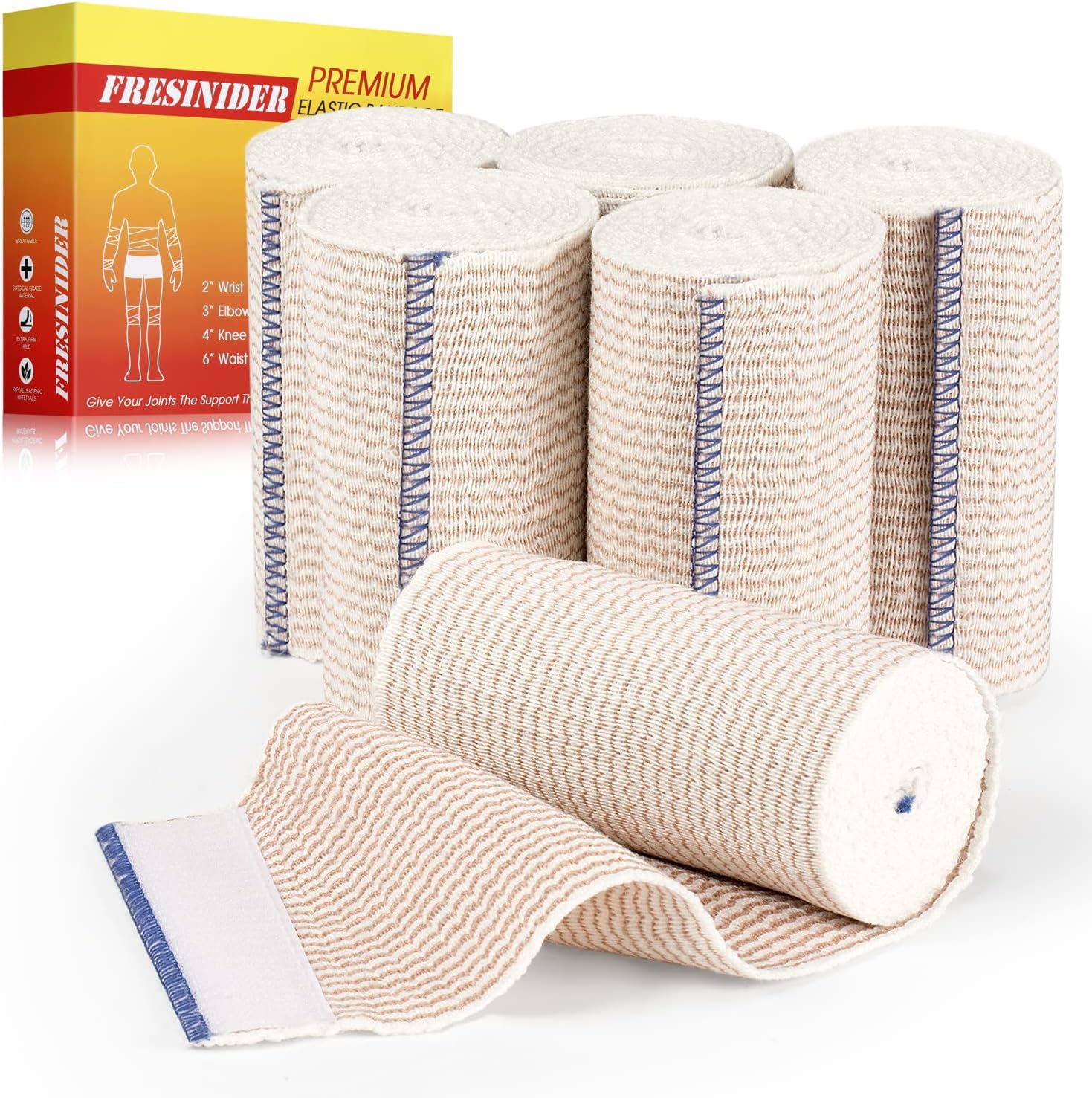 FRESINIDER Premium Elastic Bandage Wrap, 6 Pack 4″ Cotton Latex Free Compression Bandage Wrap with Touch Closure at Both Ends, Support & First Aid for Sports, Medical, and Injury Recovery
