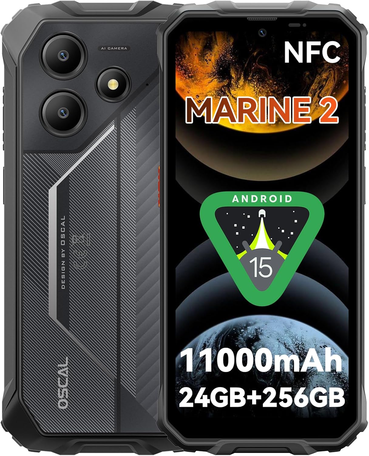 OSCAL Marine 2 Rugged Phone (2025),11000mAh Rugged Smartphone, NFC, 24GB +256GB/ 2TB TF, Android 15 Phone, 90HZ,18W, 16+8MP, Gemini AI Gaming Phones, IP69K Protection,6.56″HD, Dual SIM/1TF Slots,Black