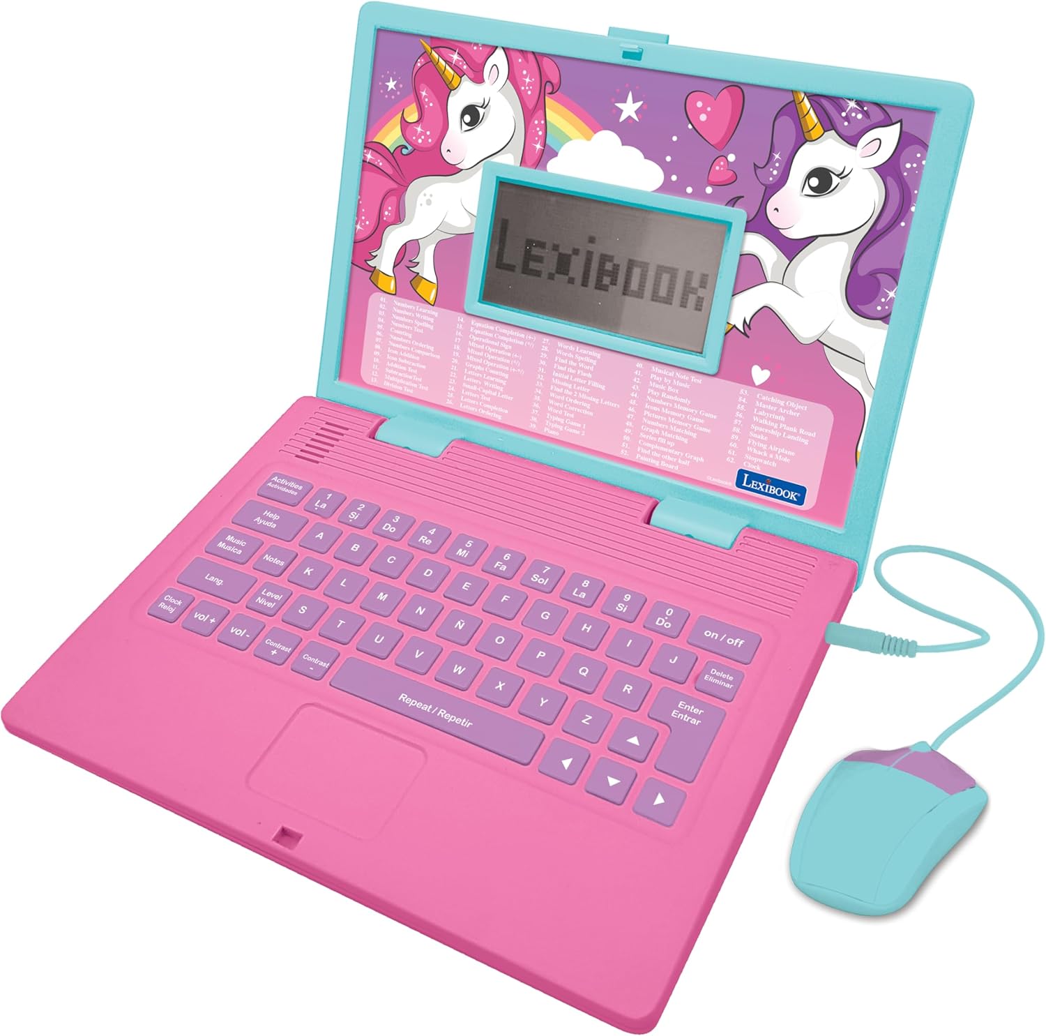 LEXiBOOK – Unicorn Educational and Bilingual Laptop Spanish/English – Toy for Children with 124 Activities to Learn Mathematics, Dactylography, Logic, Clock Reading, Play Games and Music – JC598UNIi2
