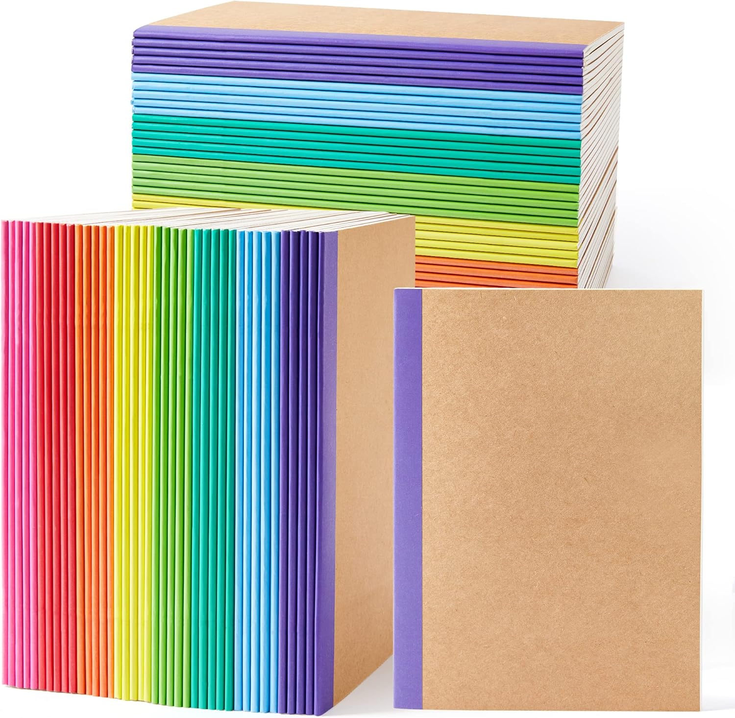feela 80 Pack Composition Notebooks Bulk, Kraft Cover Lined Blank College Ruled Composition Travel Journals with Rainbow Spines For Women Students Business, 60 Pages, 8.3”x 5.5”, A5, 8 Colors
