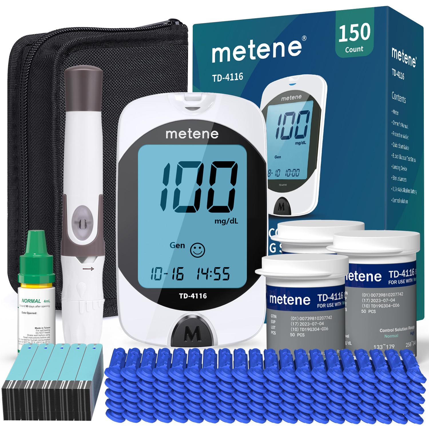 Metene TD-4116 Blood Glucose Monitor Kit, 150 Glucometer Strips, 150 Lancets, 1 Blood Sugar Monitor, Blood Sugar Test Kit with Control Solution, Lancing Device, No Coding, Large Display