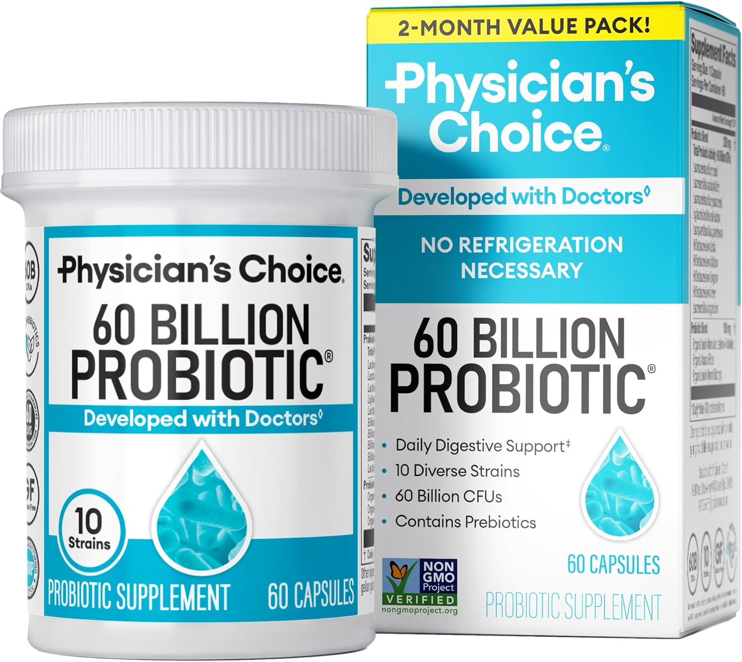 Physician’s CHOICE Probiotics 60 Billion CFU – 10 Strains + Organic Prebiotics – Immune, Digestive & Gut Health – Supports Occasional Constipation, Diarrhea, Gas & Bloating – for Women & Men – 60ct