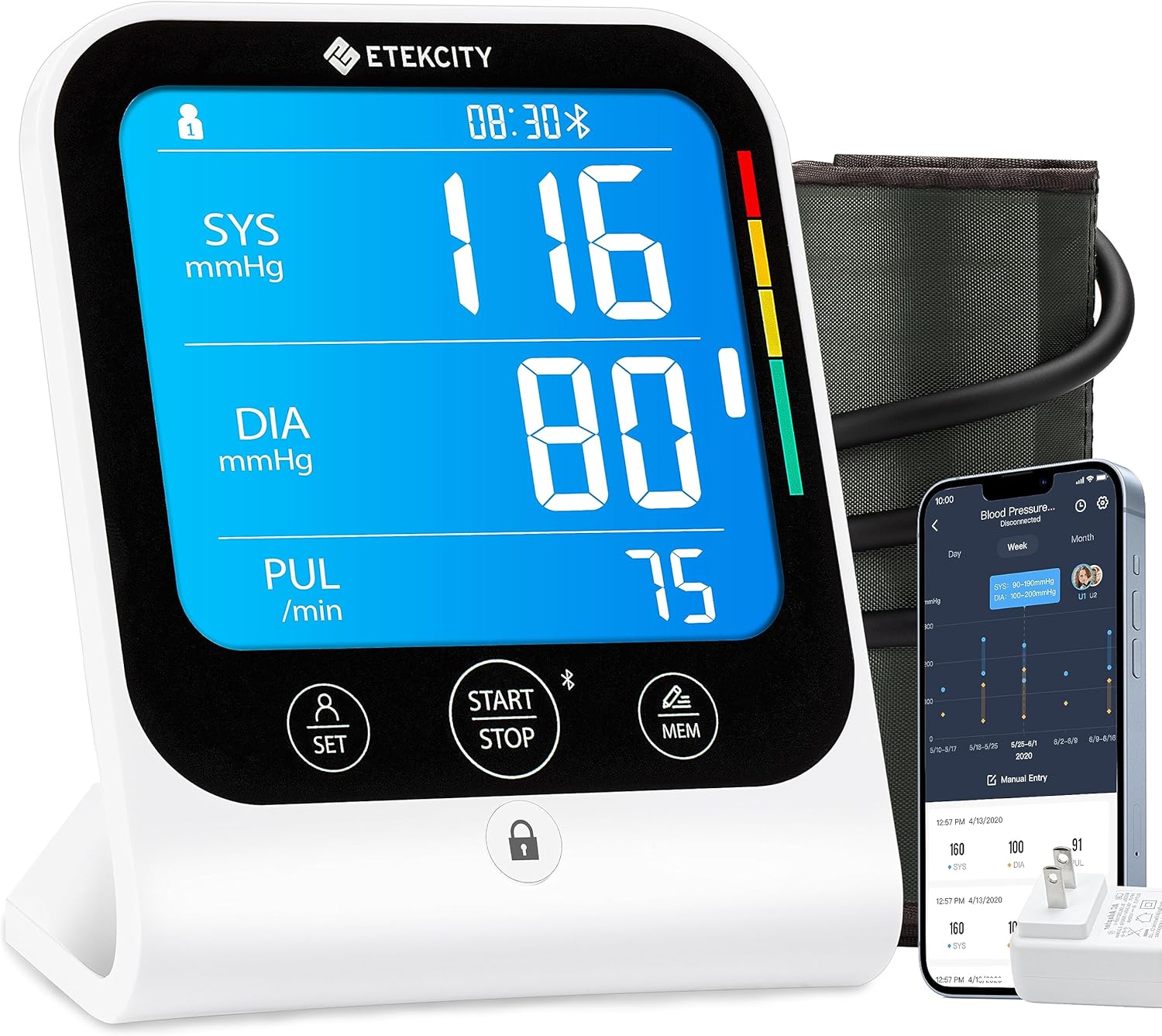 Etekcity Bluetooth Blood Pressure Monitor, FSA-HSA Eligible, Smart Upper Arm Automatic BP Machine with App, Wide Cuff 8.6″-16.5″, Irregular Heartbeat Detection,Home Medical Diagnostic Kit Wearables