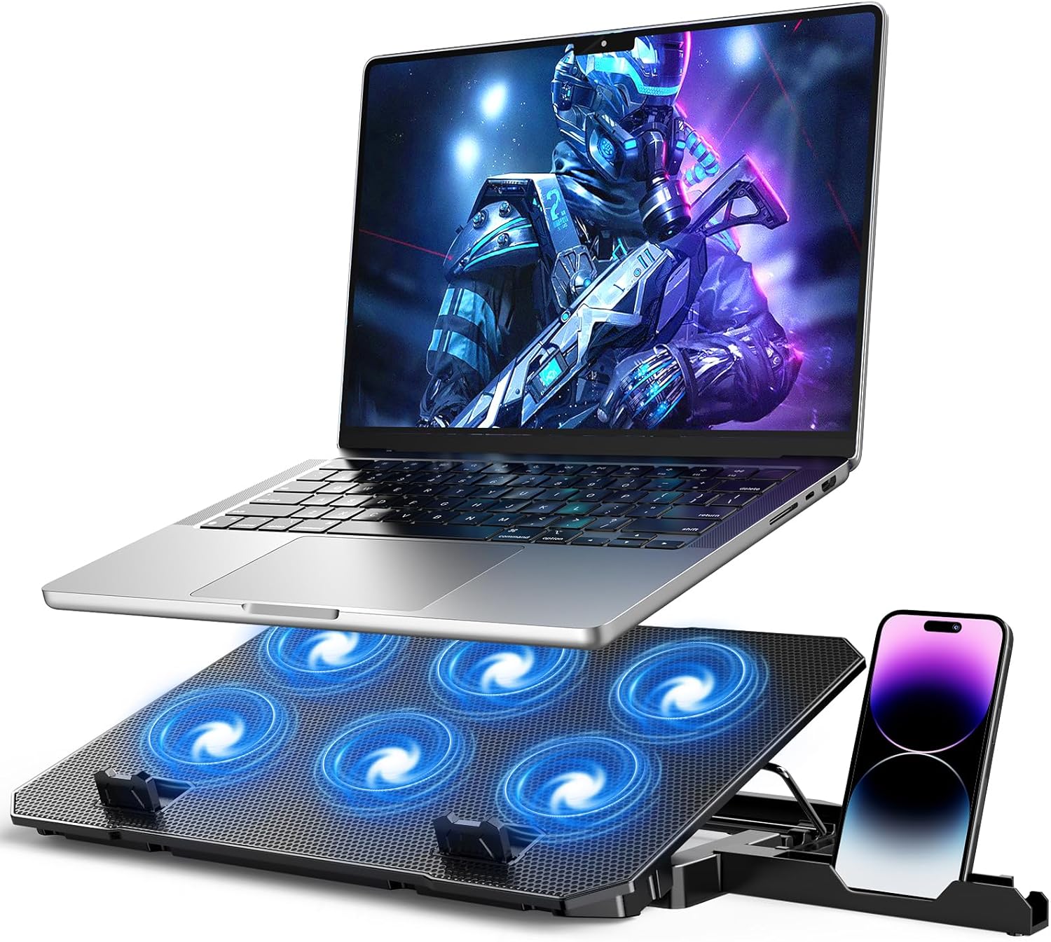 Laptop Cooling Pad, Laptop Cooler 6 Quiet Fans for 12″-17″ Laptops, Gaming Laptop Fan Cooling Pad with 5 Height Adjustable, Slim Portable USB Powered, 2 USB Ports & Phone Holder