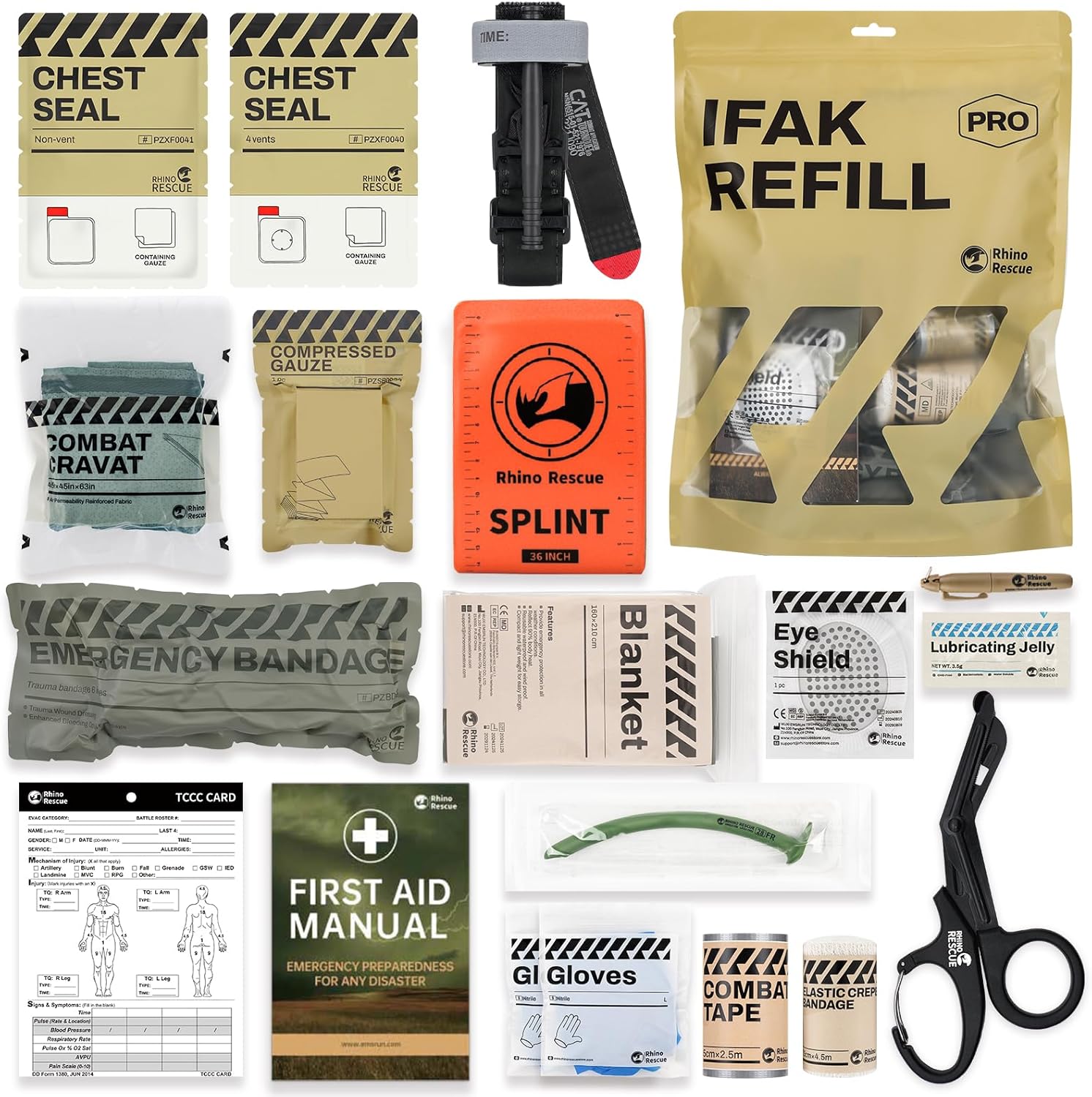 RHINO RESCUE IFAK Refill Kit 17Pcs with CAT Gen-7 Tourniquet, Emergency Tactical First Aid Kit Medical Supplies, IFAK Trauma Kit Combat Pack for Trauma Wound Care, Gunshot, Car & Camping