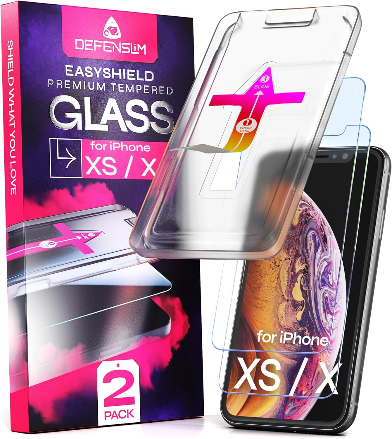 Defenslim Screen Protector for iPhone XS (2Pack), Easy Auto-Align Install Kit, 5.8″ Tempered Glass, 9H Hardness, Ultra HD Clear, Case Friendly, EasyShield