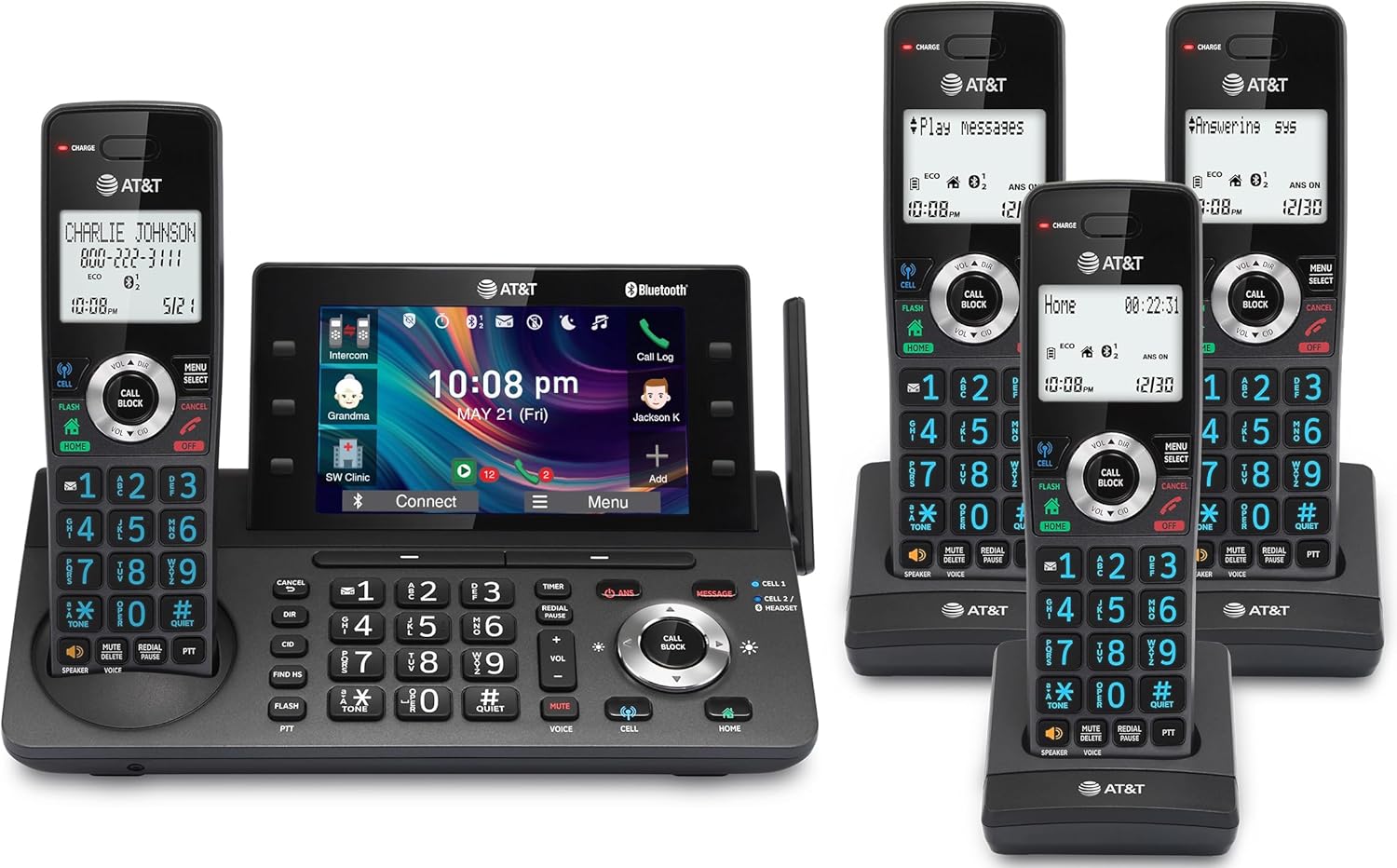 AT&T 4-Handset DECT 6.0 Cordless Home and Business Phone with Answering Machine, 5″ Color Display, One-Touch Shortcut, Conference, Intercom, Smart Call Blocker, Bluetooth Connect to Cell: DLP73490