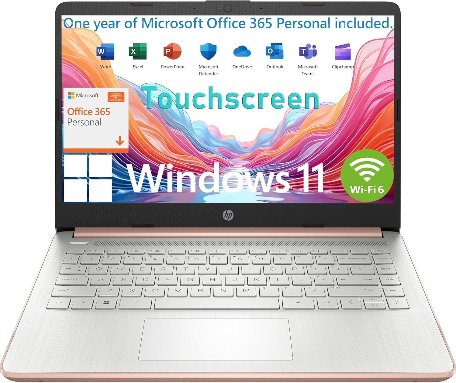 HP Touchscreen Laptop Computer for Student Home Study, 1-Year Office 365, Intel Processor, 4GB RAM, 64GB eMMC, WiFi 6, Bluetooth 5.4, 14 inch, Webcam, Type-C, HDMI, Pale Rose Gold, Windows 11 S